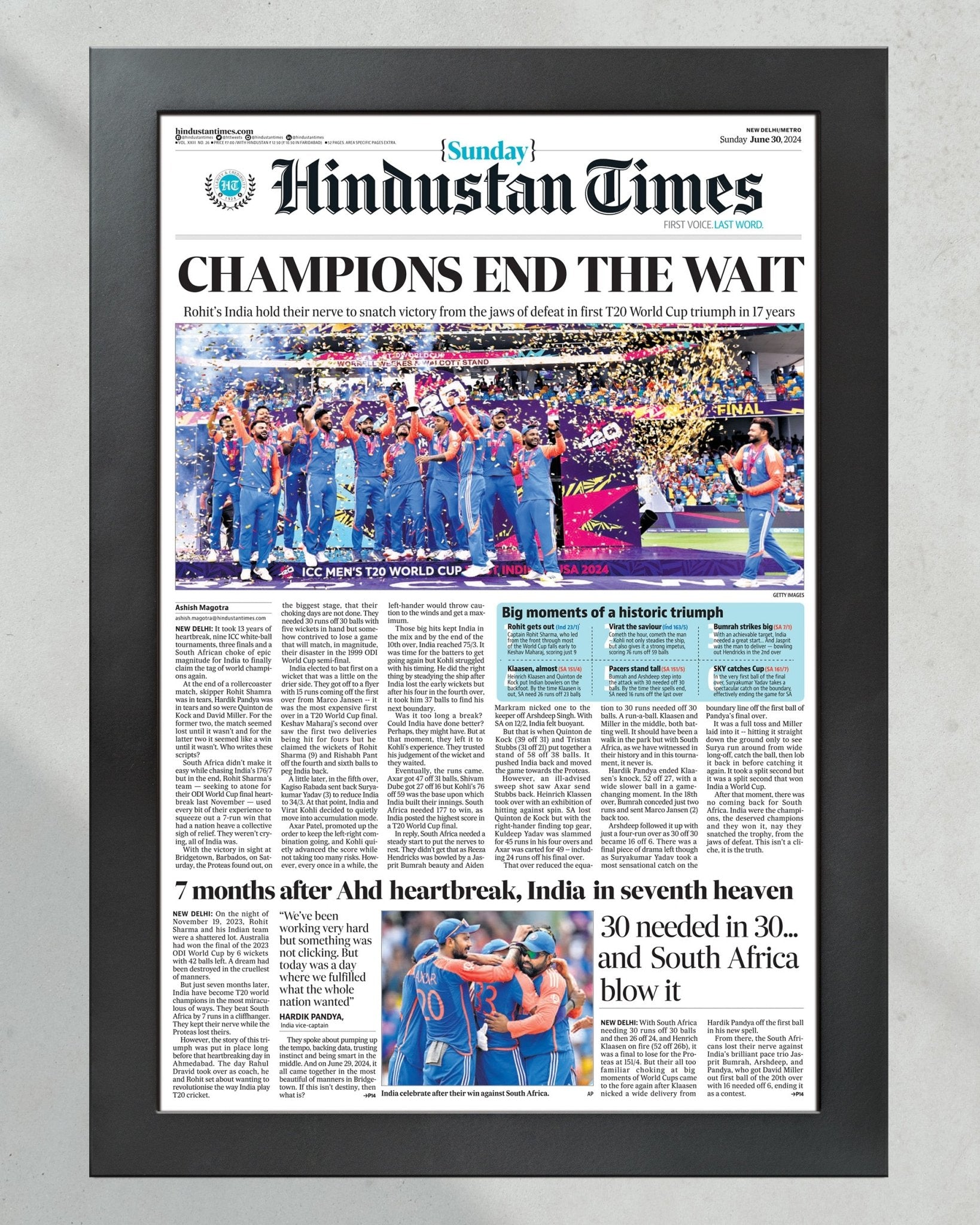 2024 India T20 Cricket World Cup 'CHAMPIONS END THE WAIT' - Framed Newspaper - Title Game Frames