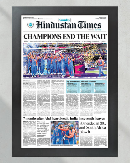 2024 India T20 Cricket World Cup 'CHAMPIONS END THE WAIT' - Framed Newspaper - Title Game Frames