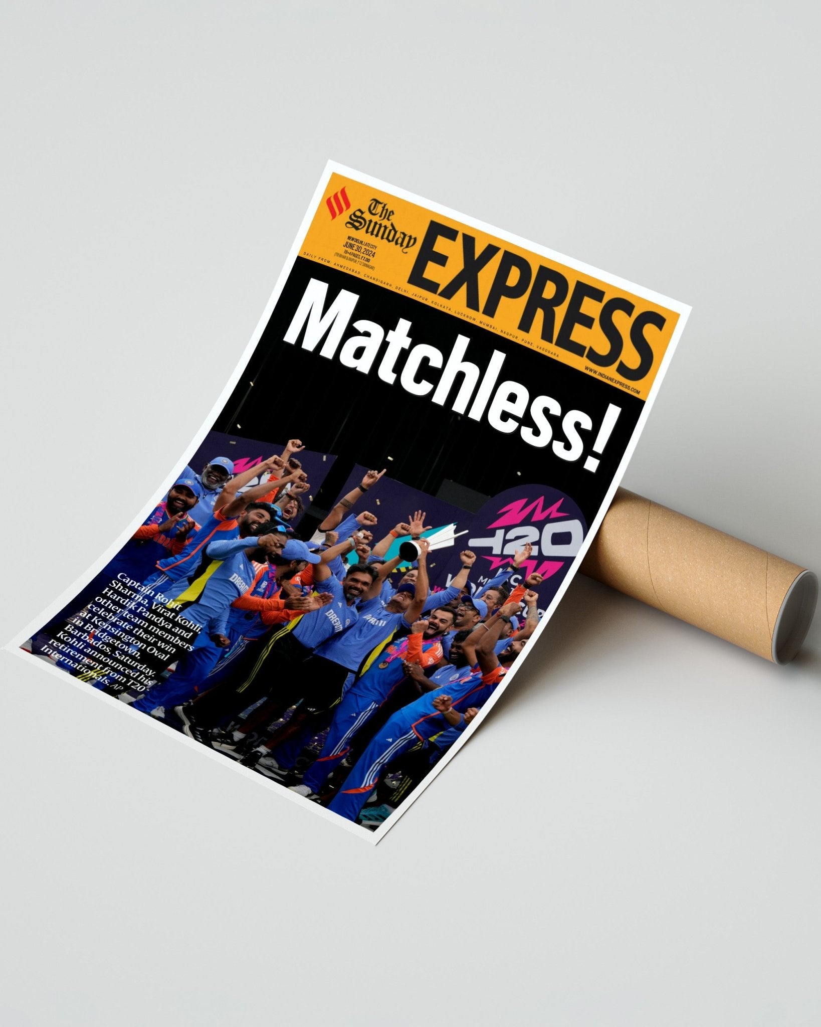 2024 India T20 Cricket World Cup Champions - 'Matchless!' Framed Front Page Newspaper - Title Game Frames