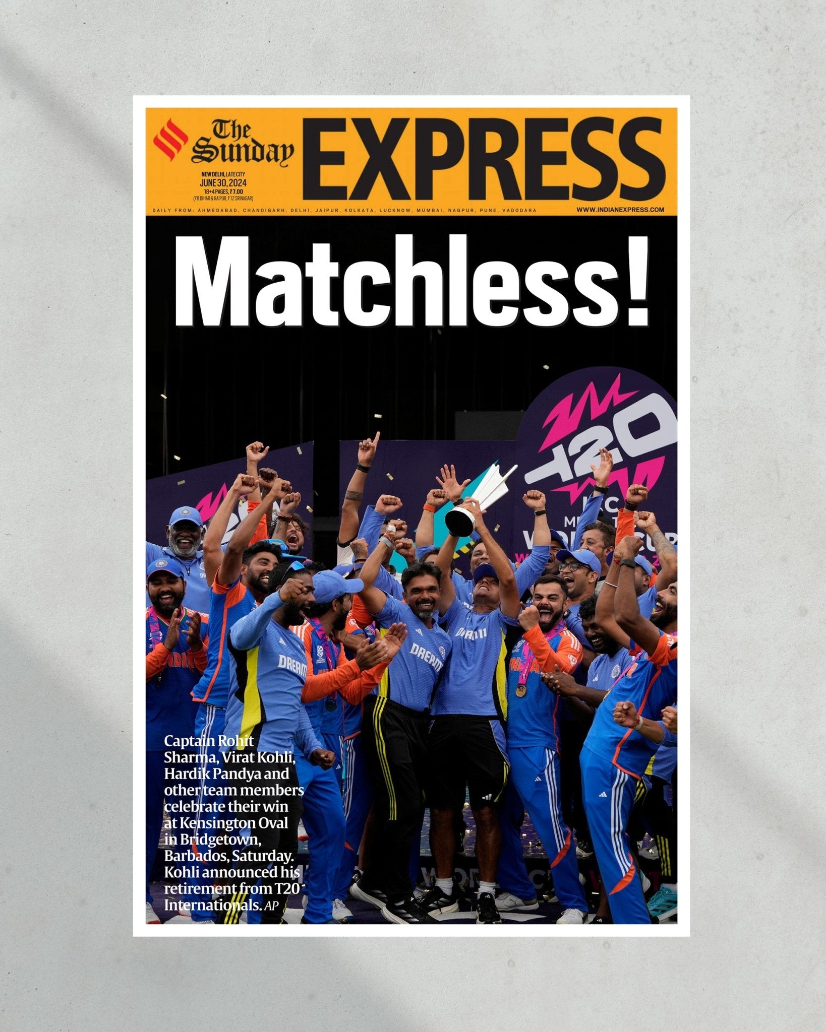 2024 India T20 Cricket World Cup Champions - 'Matchless!' Framed Front Page Newspaper - Title Game Frames