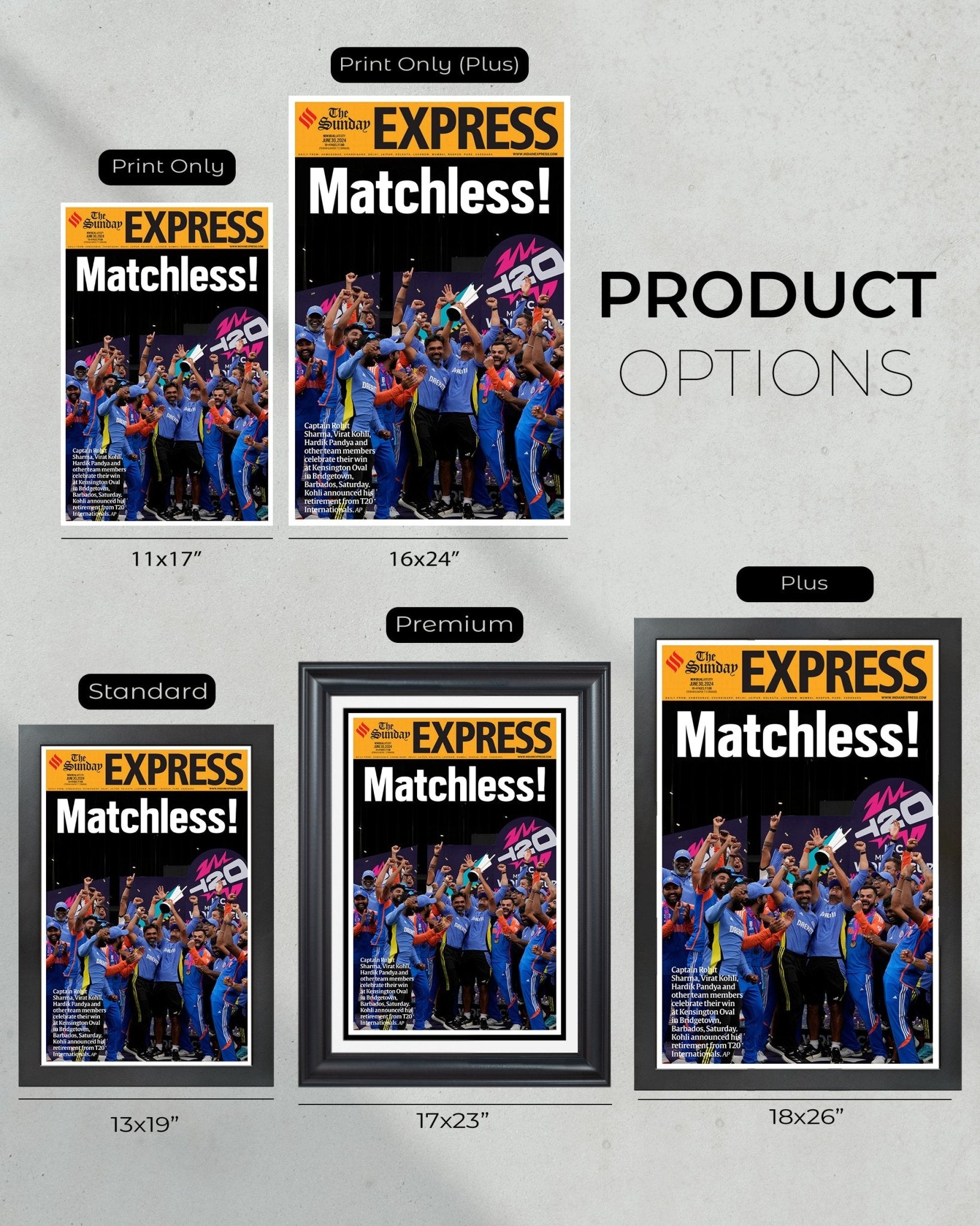 2024 India T20 Cricket World Cup Champions - 'Matchless!' Framed Front Page Newspaper - Title Game Frames