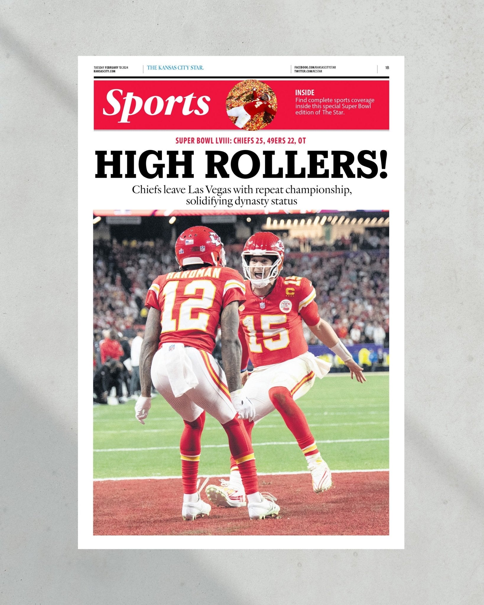 2024 Kansas City Chiefs Super Bowl LVIII Champions 'HIGH ROLLERS!' Framed Newspaper Print - TitleGameFrames.com