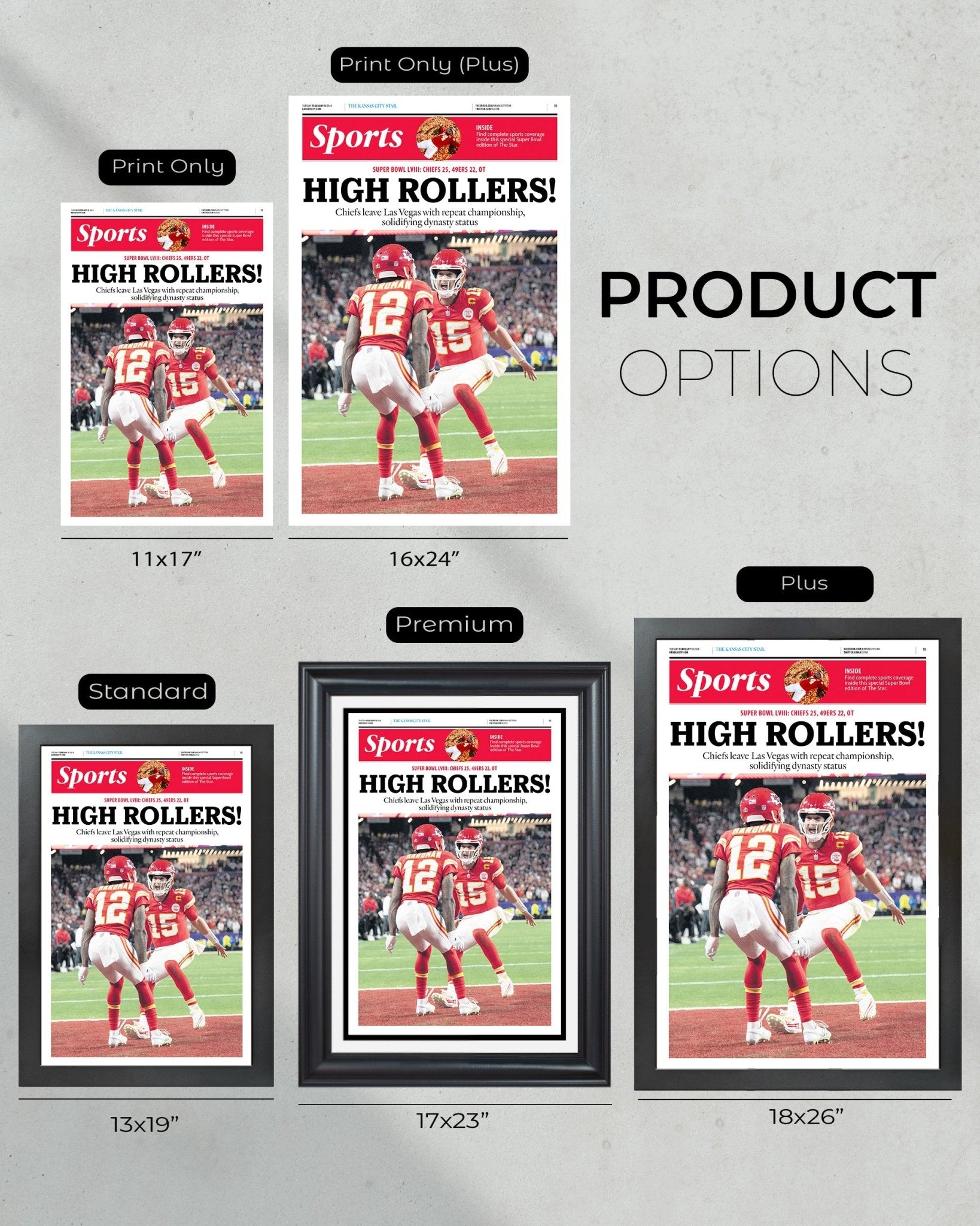 2024 Kansas City Chiefs Super Bowl LVIII Champions 'HIGH ROLLERS!' Framed Newspaper Print - TitleGameFrames.com