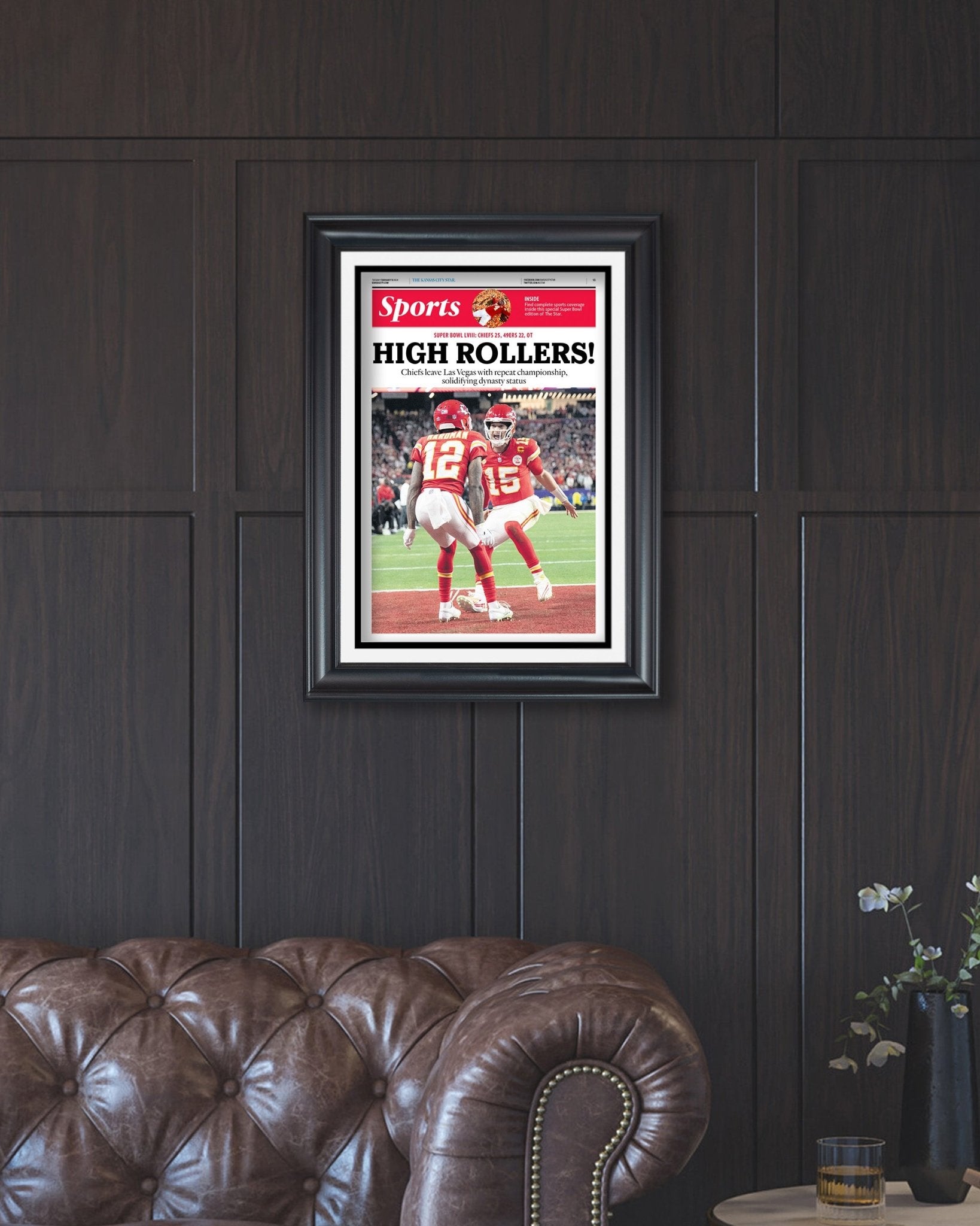 2024 Kansas City Chiefs Super Bowl LVIII Champions 'HIGH ROLLERS!' Framed Newspaper Print - TitleGameFrames.com