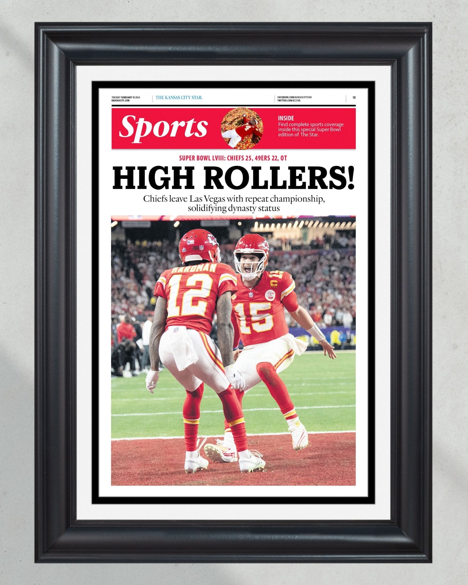 2024 Kansas City Chiefs Super Bowl LVIII Champions 'HIGH ROLLERS!' Framed Newspaper Print - TitleGameFrames.com