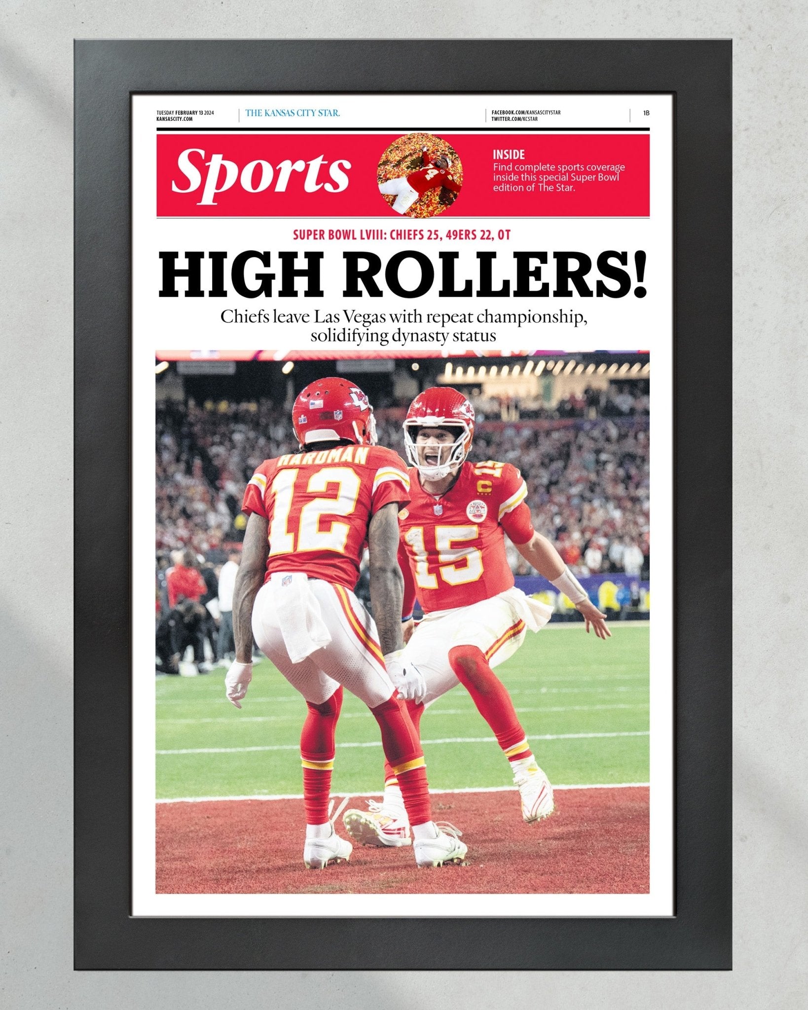 2024 Kansas City Chiefs Super Bowl LVIII Champions 'HIGH ROLLERS!' Framed Newspaper Print - TitleGameFrames.com