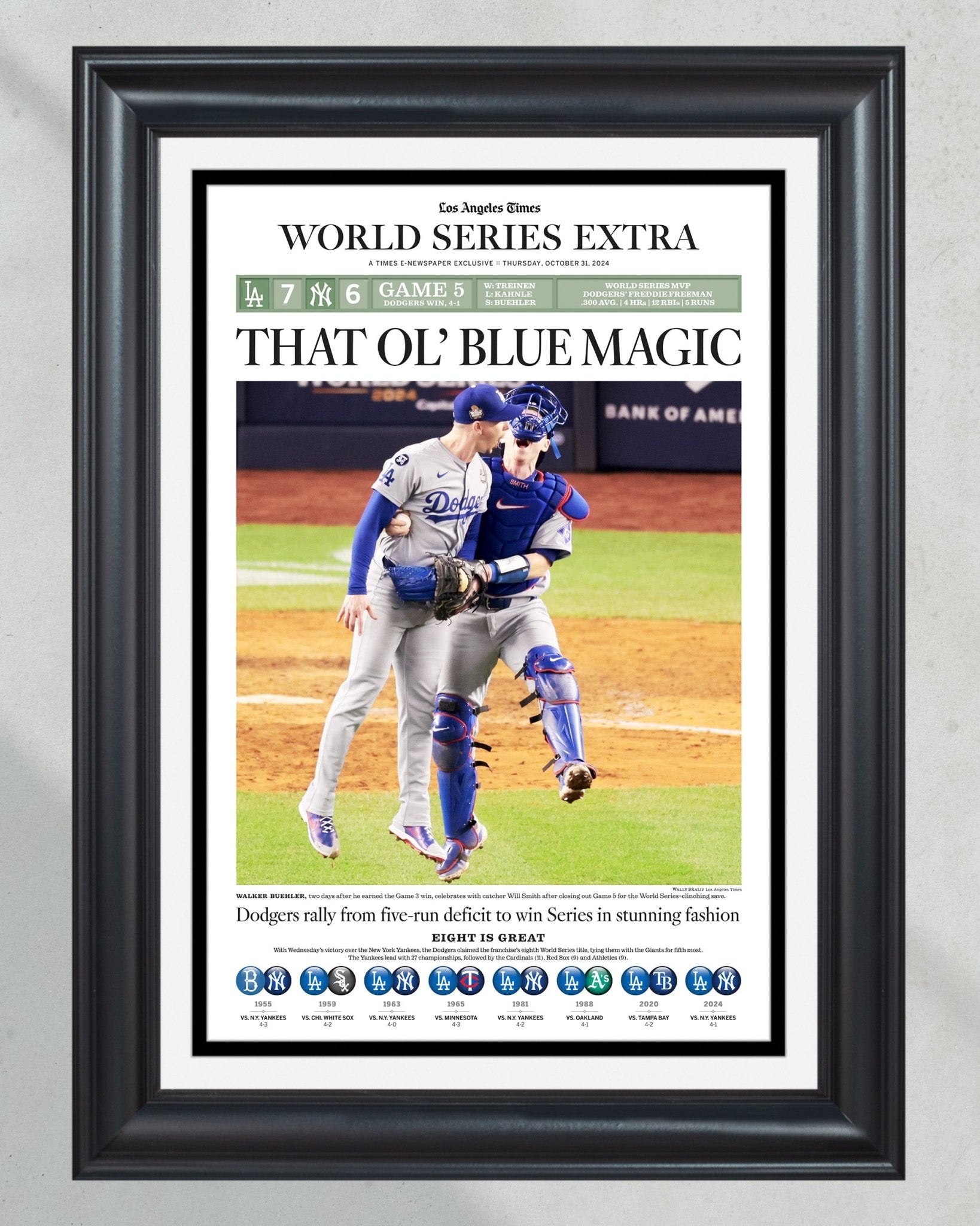 2024 LA Dodgers World Series Champions "BLUE MAGIC" Framed Newspaper - TitleGameFrames.com