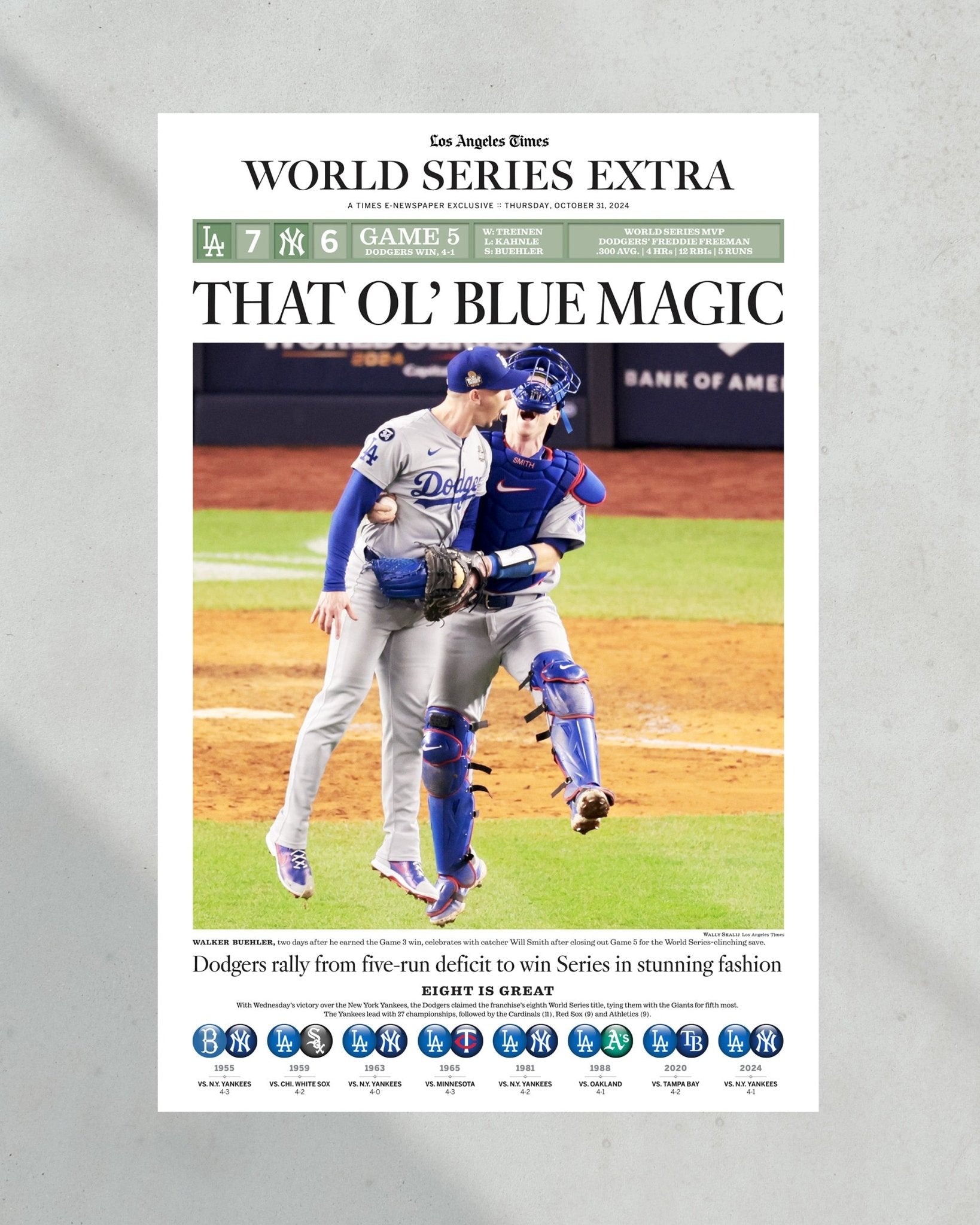 2024 LA Dodgers World Series Champions "BLUE MAGIC" Framed Newspaper - TitleGameFrames.com