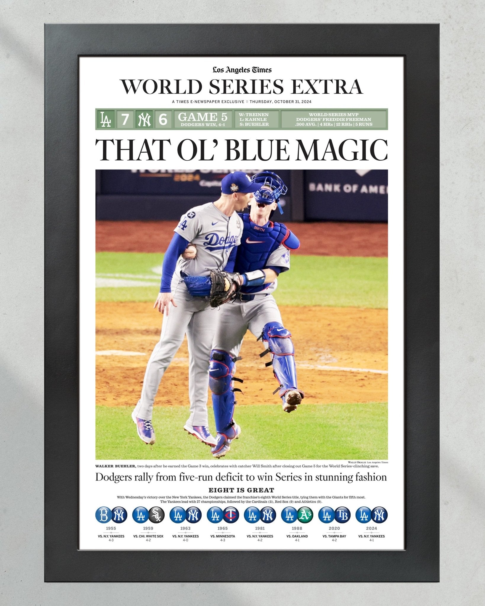 2024 LA Dodgers World Series Champions "BLUE MAGIC" Framed Newspaper - TitleGameFrames.com