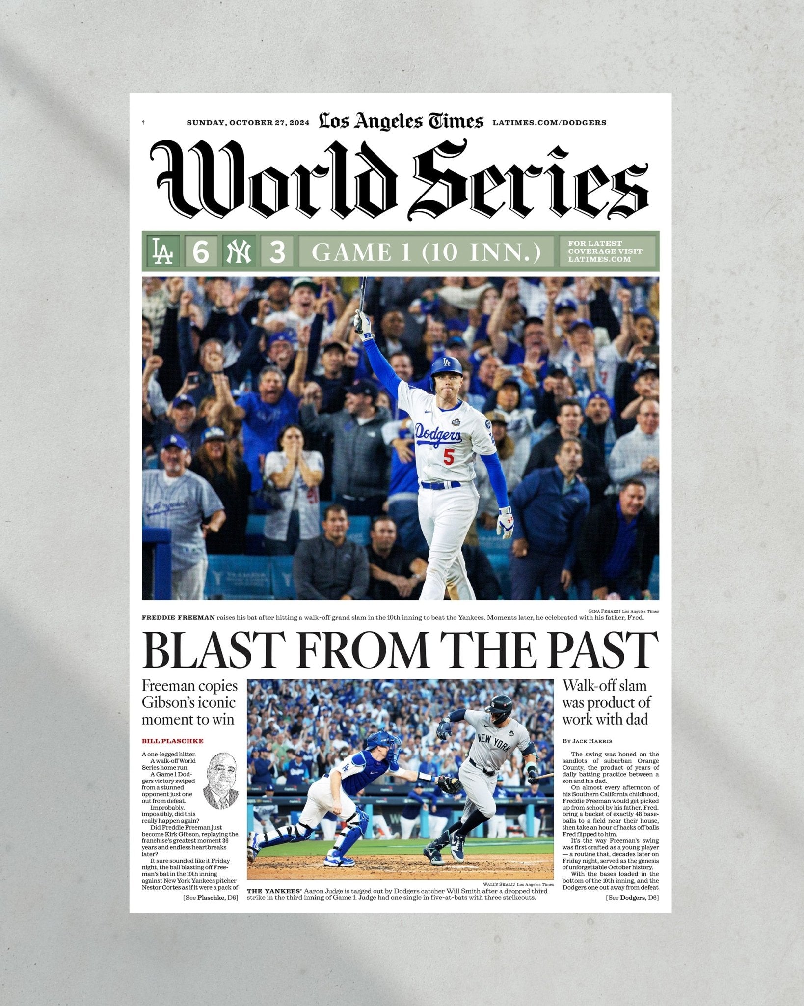 2024 LA Dodgers World Series Game 1"Blast from the Past" Freddie Freeman MVP Newspaper - TitleGameFrames.com