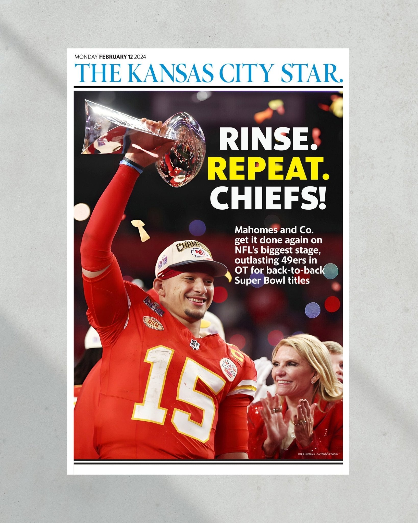 2024 Mahomes Leads Chiefs to Super Bowl LVIII Glory: Framed Newspaper - TitleGameFrames.com