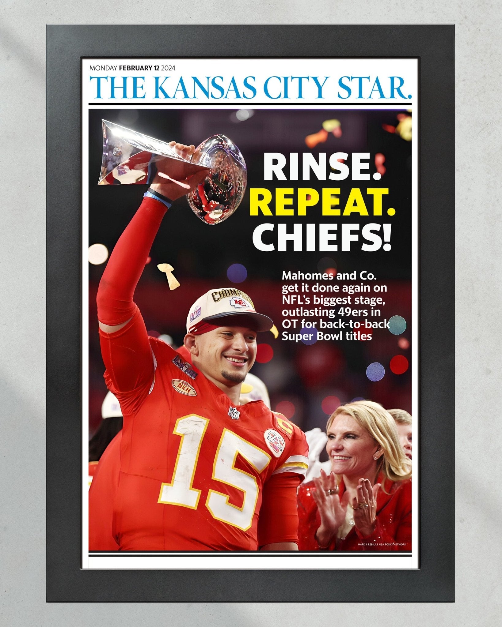 2024 Mahomes Leads Chiefs to Super Bowl LVIII Glory: Framed Newspaper - TitleGameFrames.com