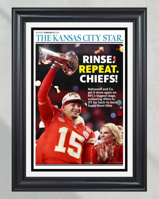2024 Mahomes Leads Chiefs to Super Bowl LVIII Glory: Framed Newspaper - TitleGameFrames.com