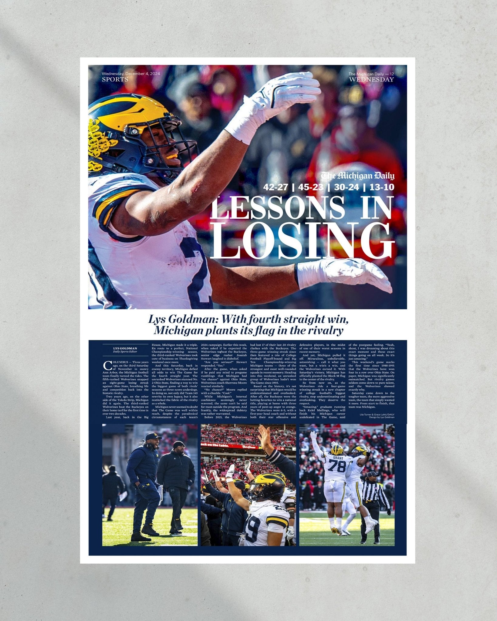 2024 Michigan Defeats Ohio State - 'Lessons in Learning' Michigan Daily Framed Newspaper - Title Game Frames
