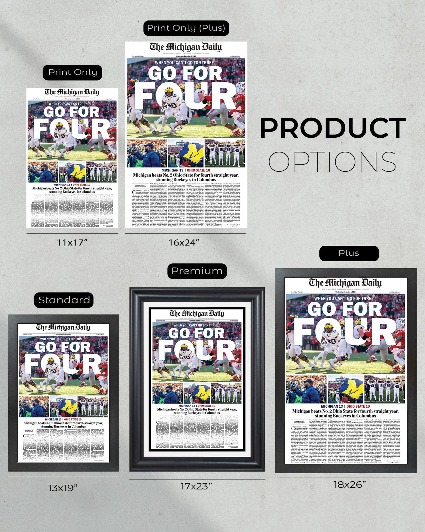 2024 Michigan Wolverines Upsets Ohio State Buckeyes "Go For Four" Michigan Daily Framed Newspaper - Title Game Frames
