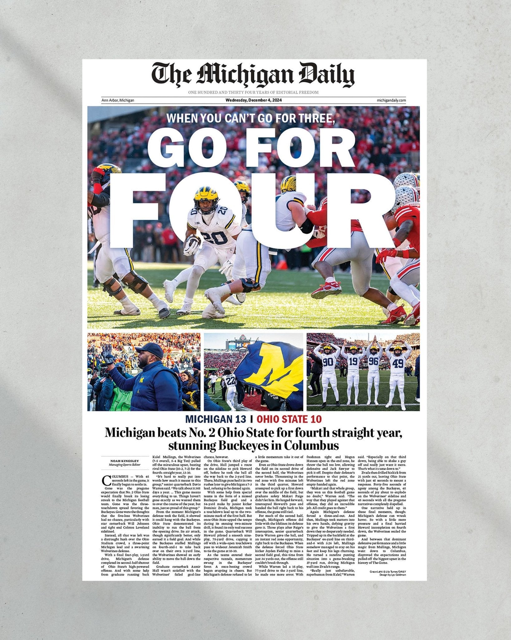 2024 Michigan Wolverines Upsets Ohio State Buckeyes "Go For Four" Michigan Daily Framed Newspaper - Title Game Frames