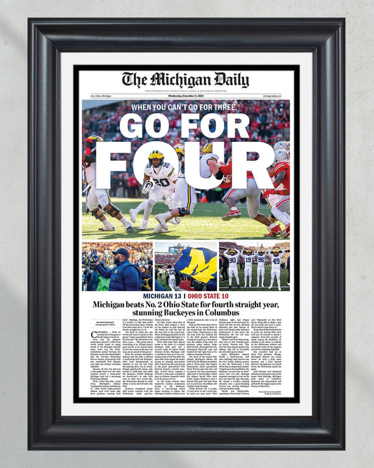 2024 Michigan Wolverines Upsets Ohio State Buckeyes "Go For Four" Michigan Daily Framed Newspaper - Title Game Frames