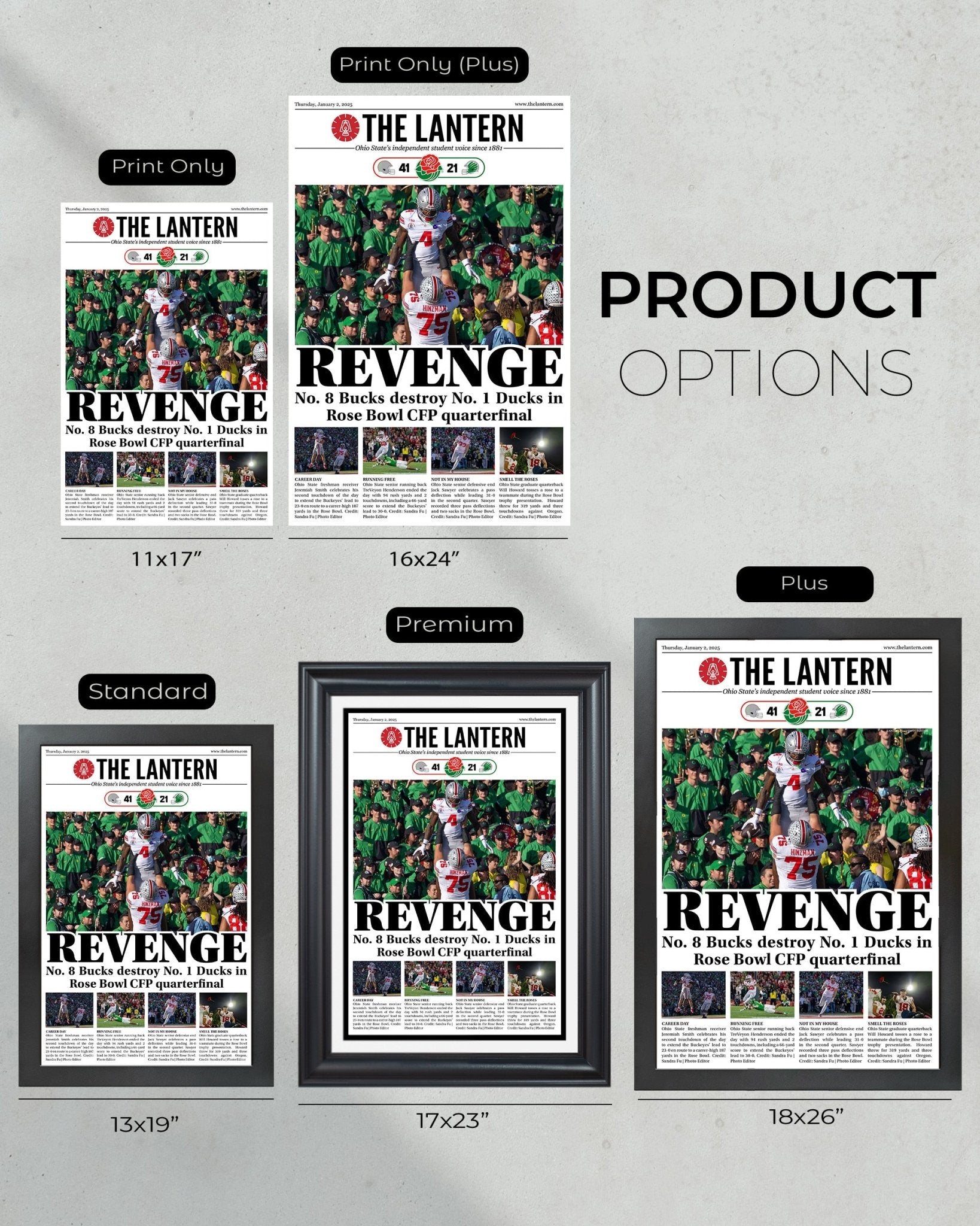 2024 Ohio State Beats Oregon in CFP Quarterfinal "Revenge" The Lantern Framed Newspaper - Title Game Frames
