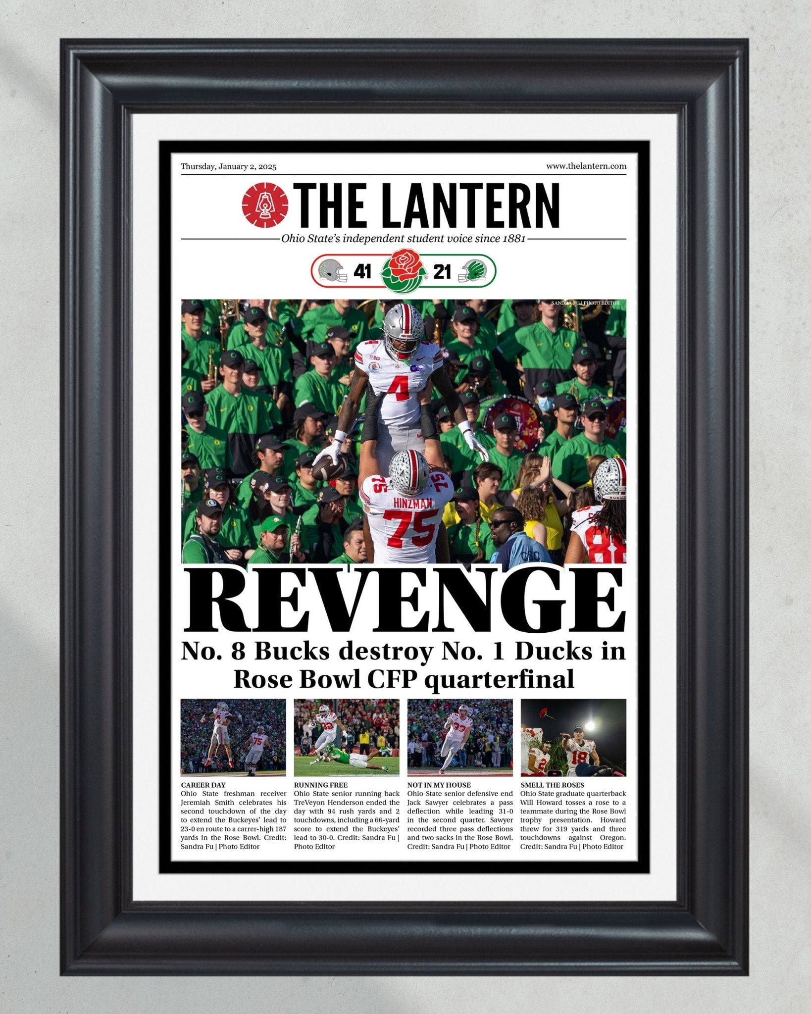 2024 Ohio State Beats Oregon in CFP Quarterfinal "Revenge" The Lantern Framed Newspaper - Title Game Frames