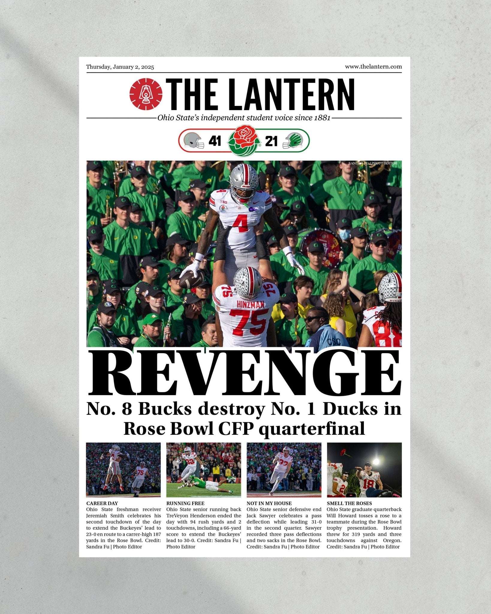 2024 Ohio State Beats Oregon in CFP Quarterfinal "Revenge" The Lantern Framed Newspaper - Title Game Frames