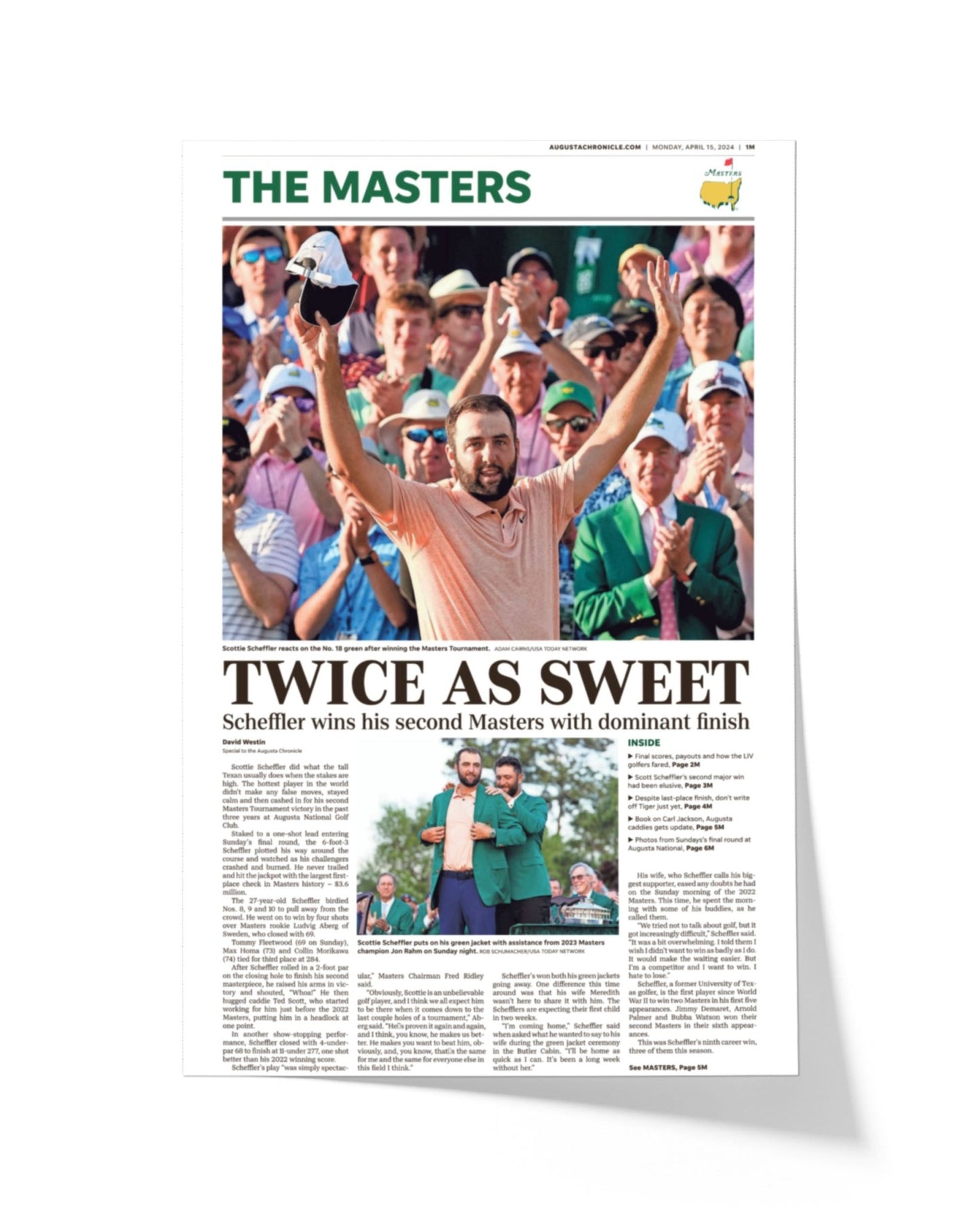 2024 Scottie Scheffler Masters Champion 'Twice as Sweet' Framed Newspaper - TitleGameFrames.com