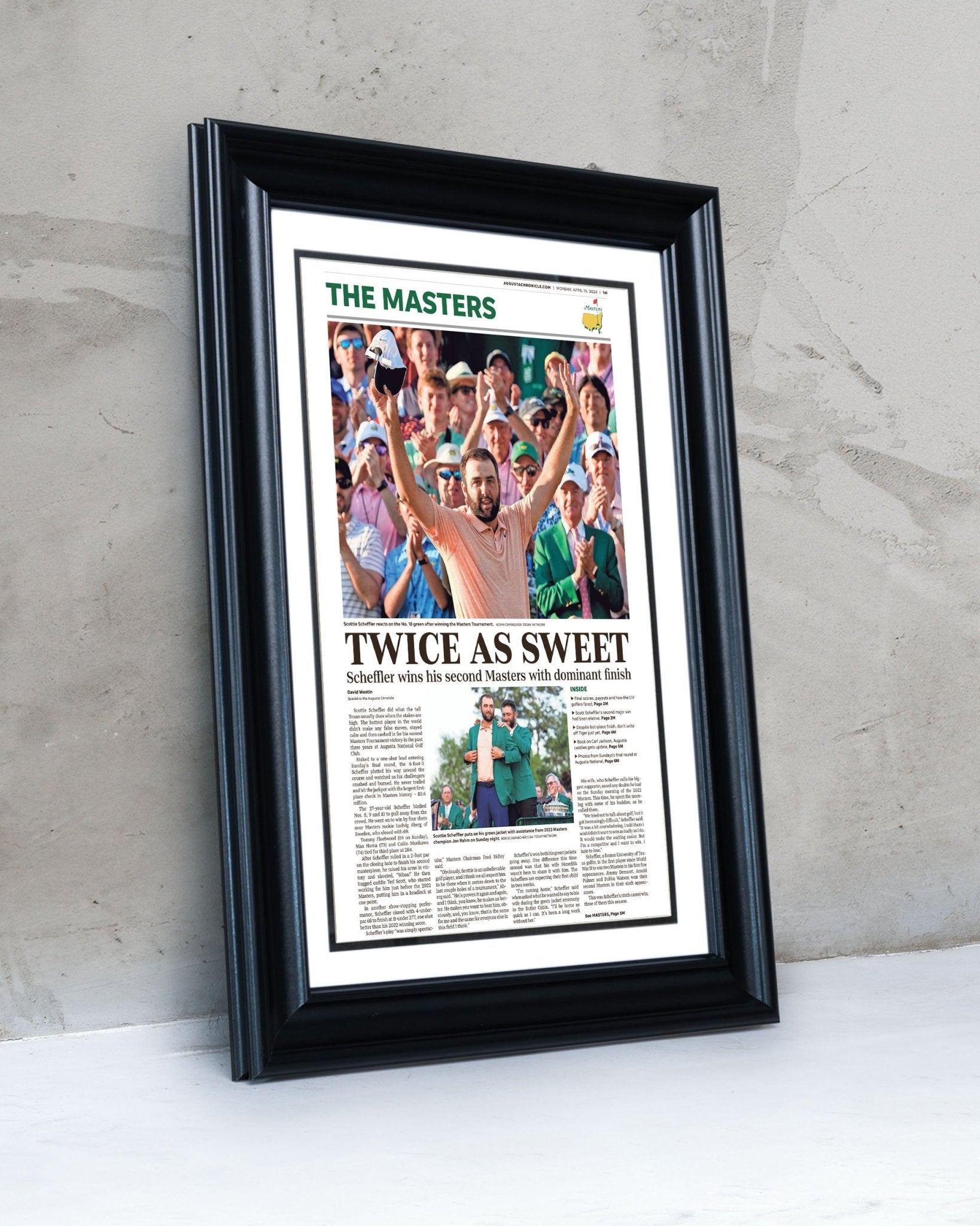 2024 Scottie Scheffler Masters Champion 'Twice as Sweet' Framed Newspaper - TitleGameFrames.com