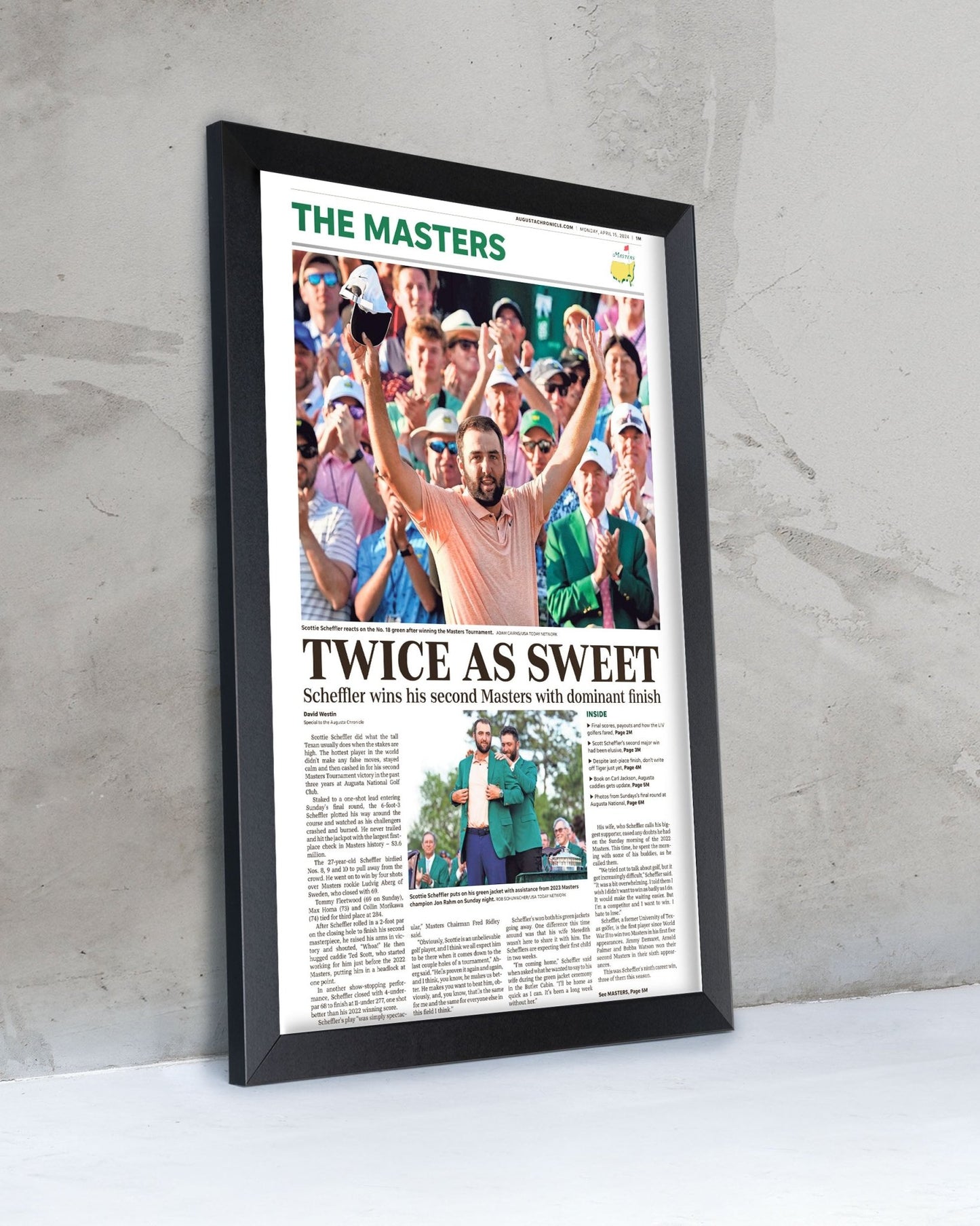 2024 Scottie Scheffler Masters Champion 'Twice as Sweet' Framed Newspaper - TitleGameFrames.com