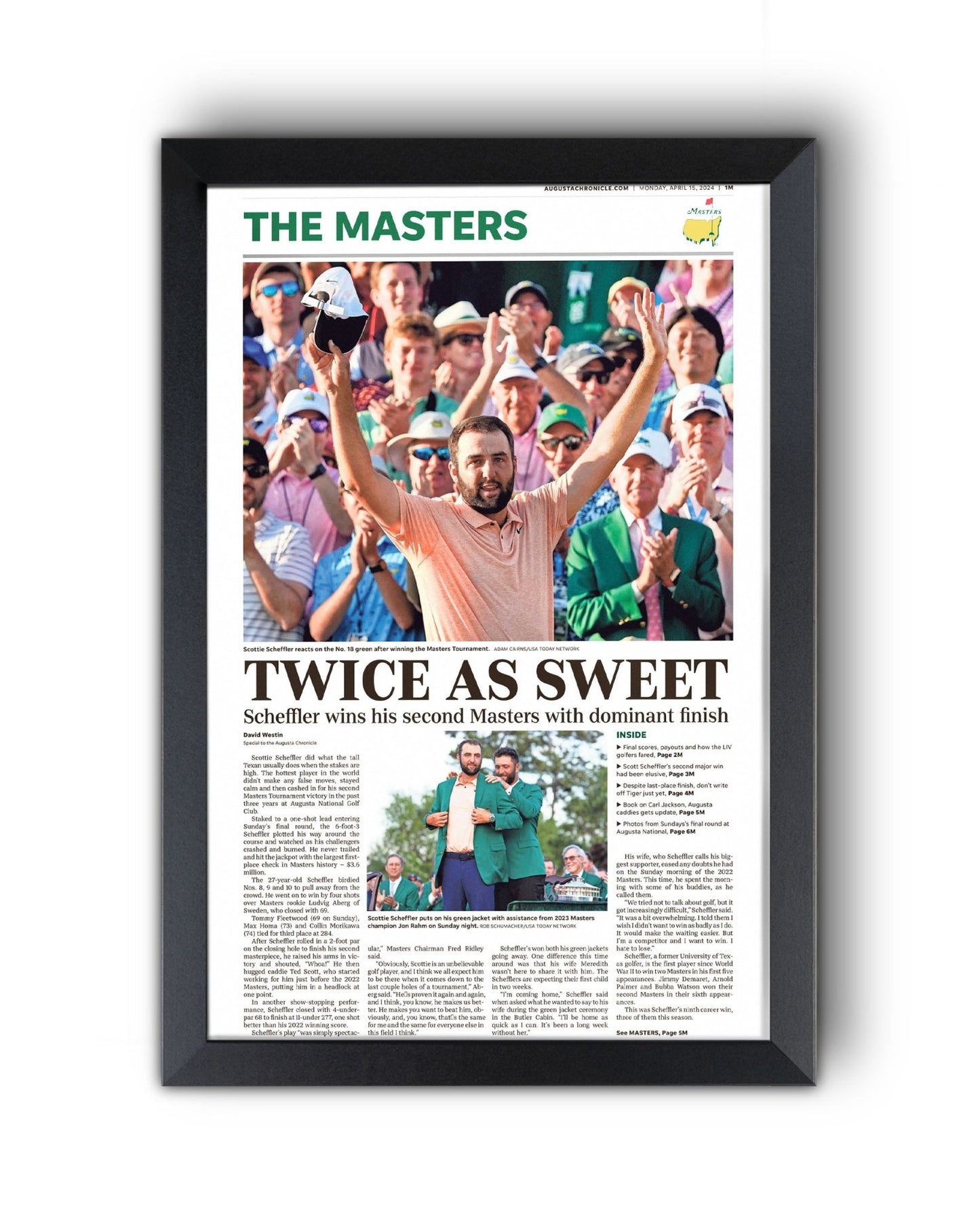 2024 Scottie Scheffler Masters Champion 'Twice as Sweet' Framed Newspaper - TitleGameFrames.com