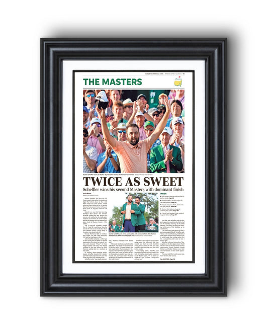 2024 Scottie Scheffler Masters Champion 'Twice as Sweet' Framed Newspaper - TitleGameFrames.com