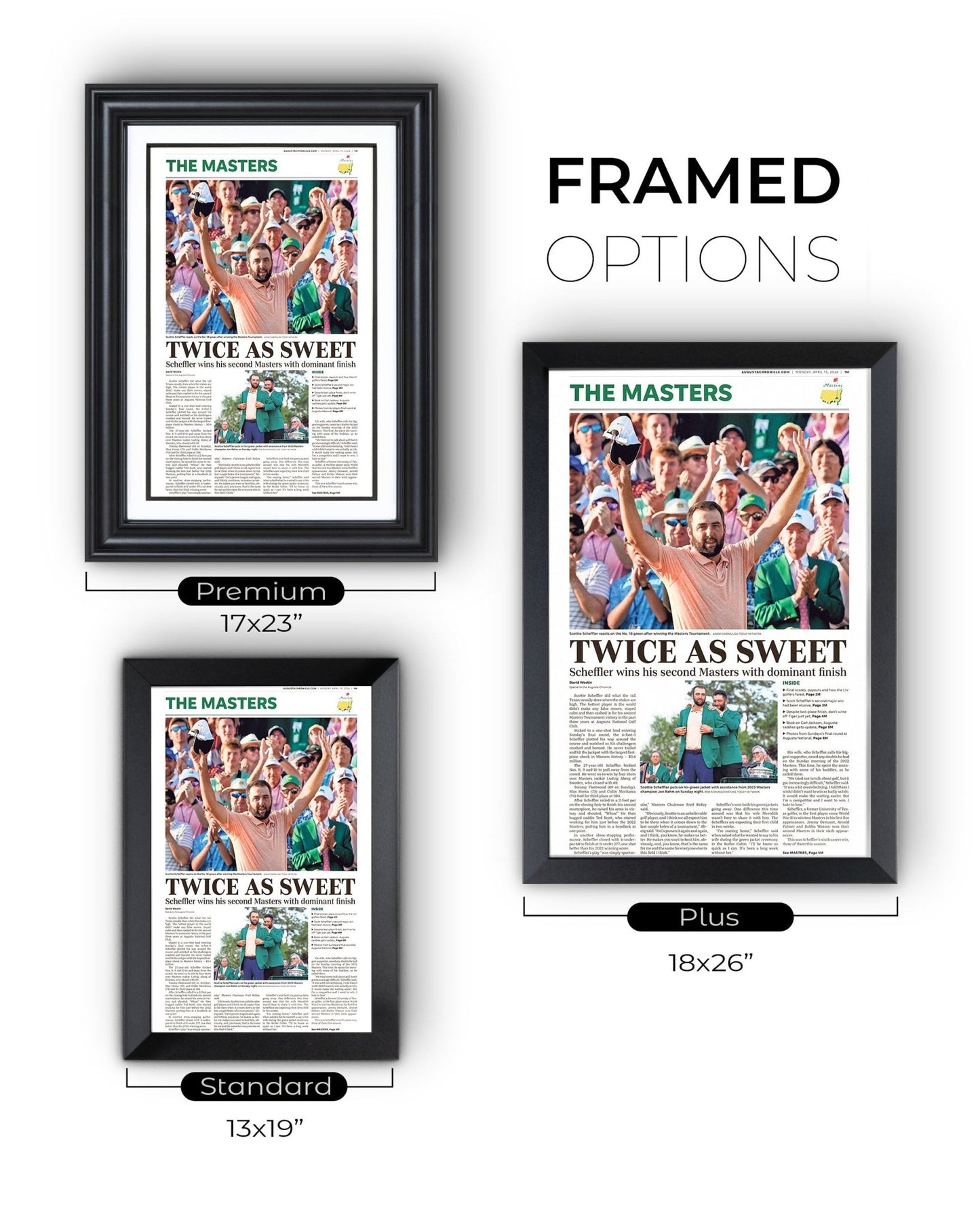 2024 Scottie Scheffler Masters Champion 'Twice as Sweet' Framed Newspaper - TitleGameFrames.com