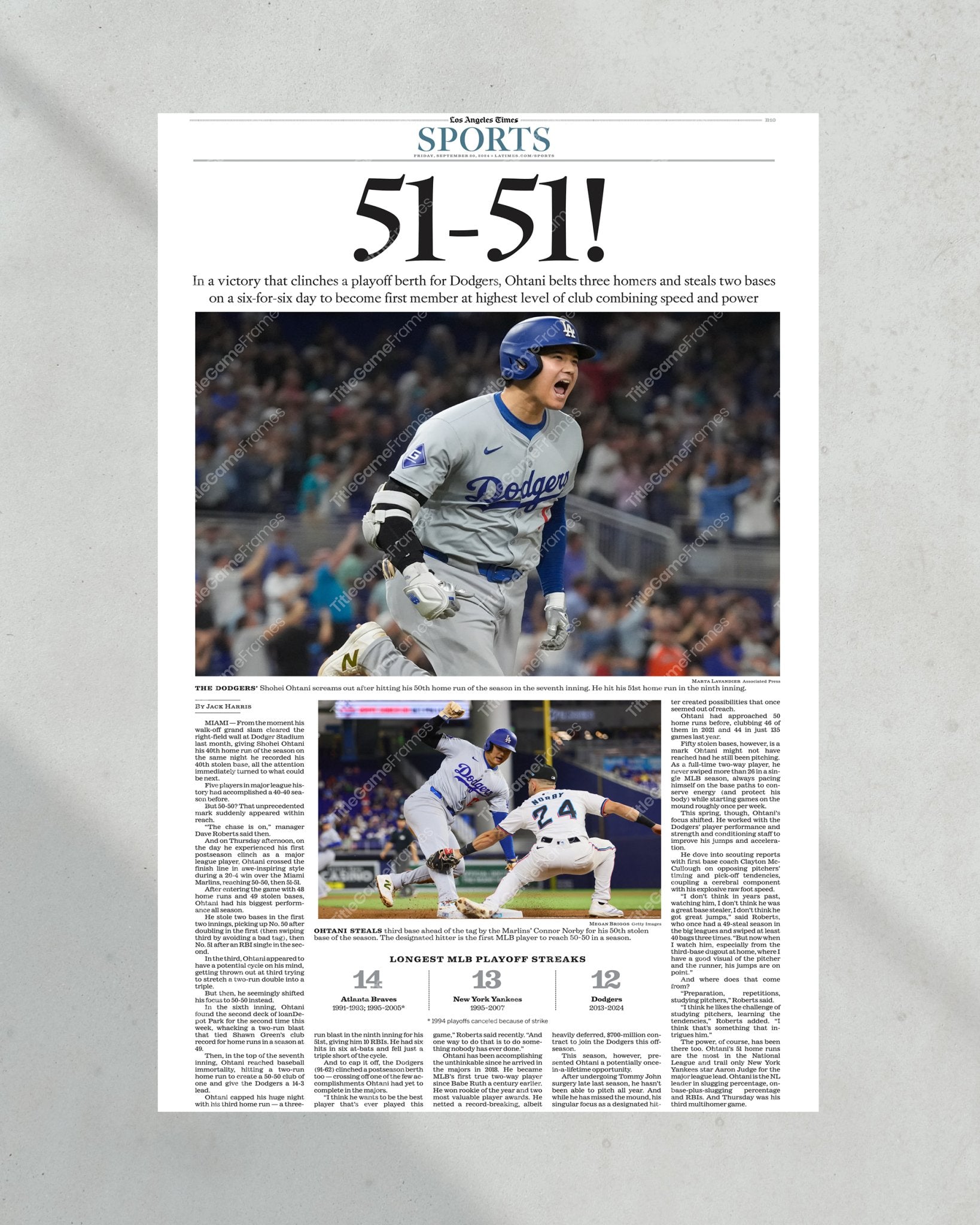 2024 Shohei Ohtani's Historic 50 - 50 Club Entry Framed Newspaper - Title Game Frames