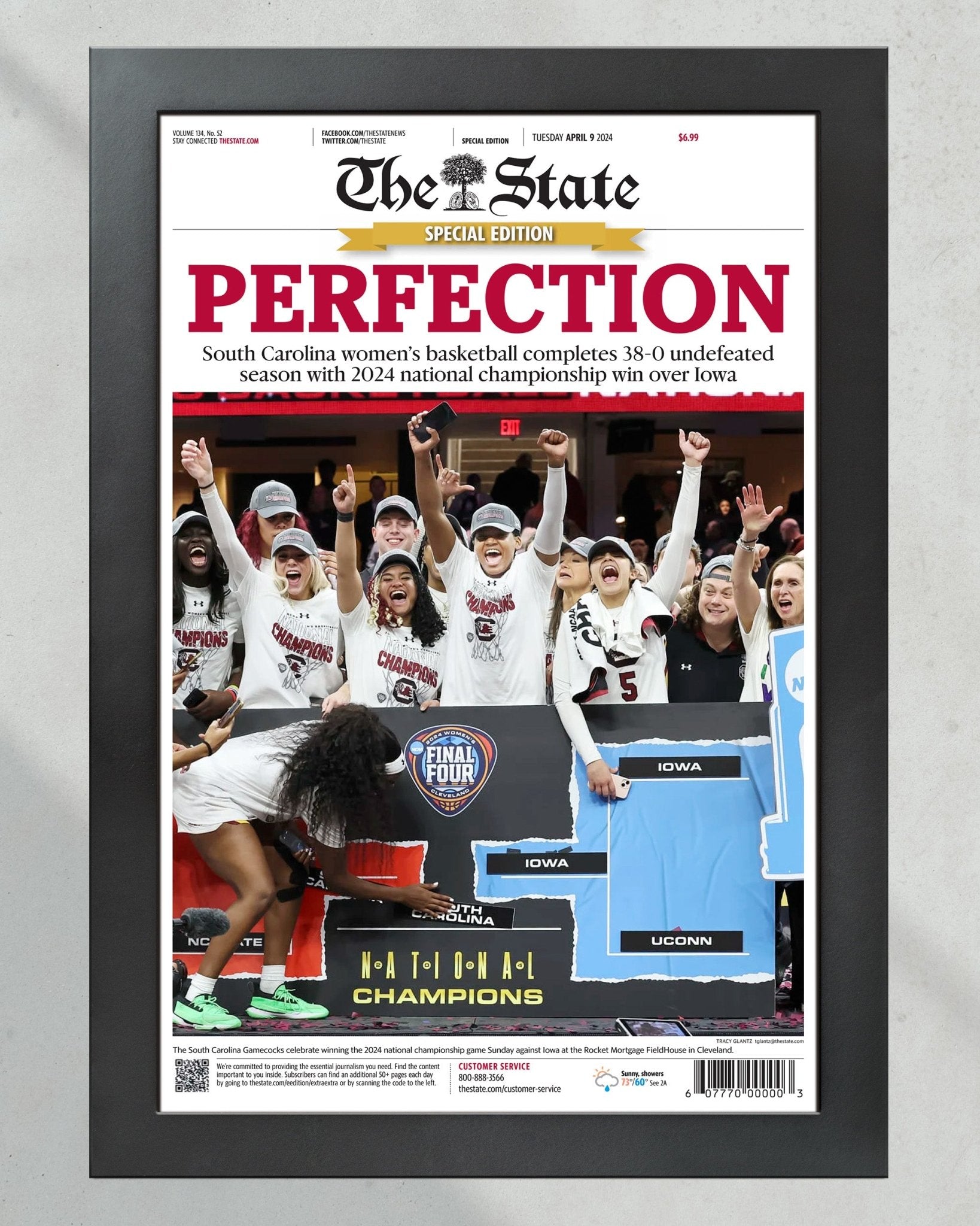 2024 South Carolina Gamecocks Women's Basketball Champions Framed Newspaper - "PERFECTION" - Title Game Frames