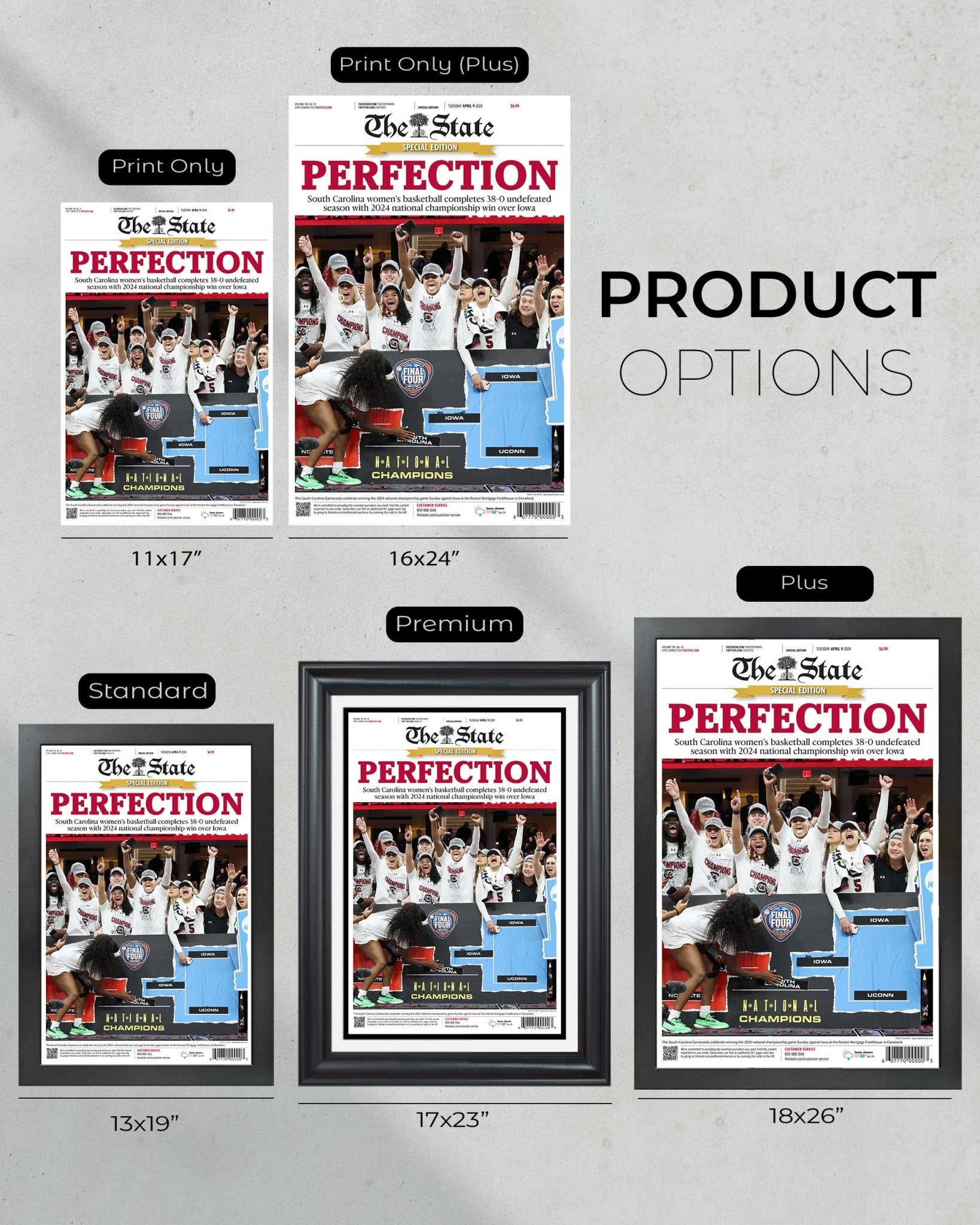 2024 South Carolina Gamecocks Women's Basketball Champions Framed Newspaper - "PERFECTION" - Title Game Frames