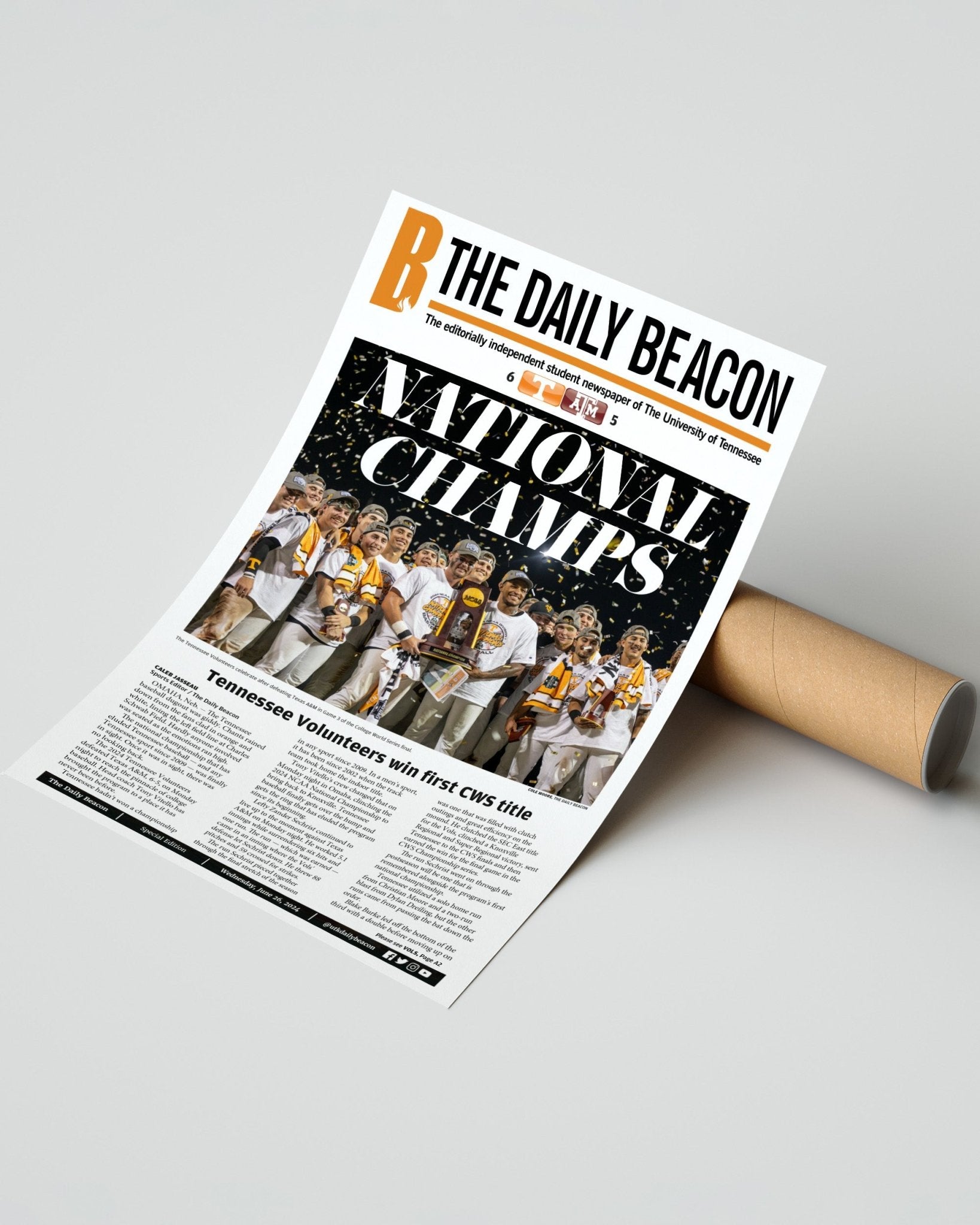 2024 Tennessee Volunteers CWS Baseball 'NATIONAL CHAMPIONS' - Framed Daily Beacon Newspaper - Title Game Frames