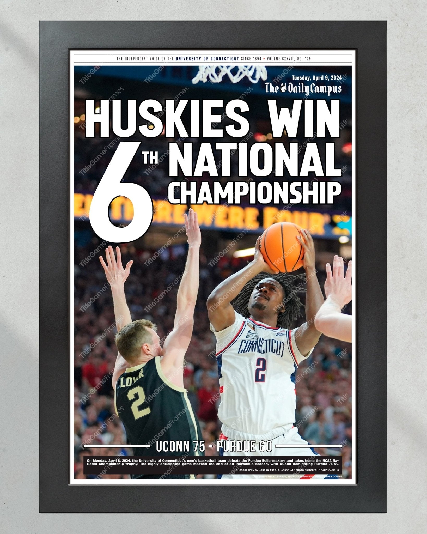 2024 Uconn Huskies ‘WIN 6TH' NCAA Champions Framed Newspaper - Title Game Frames