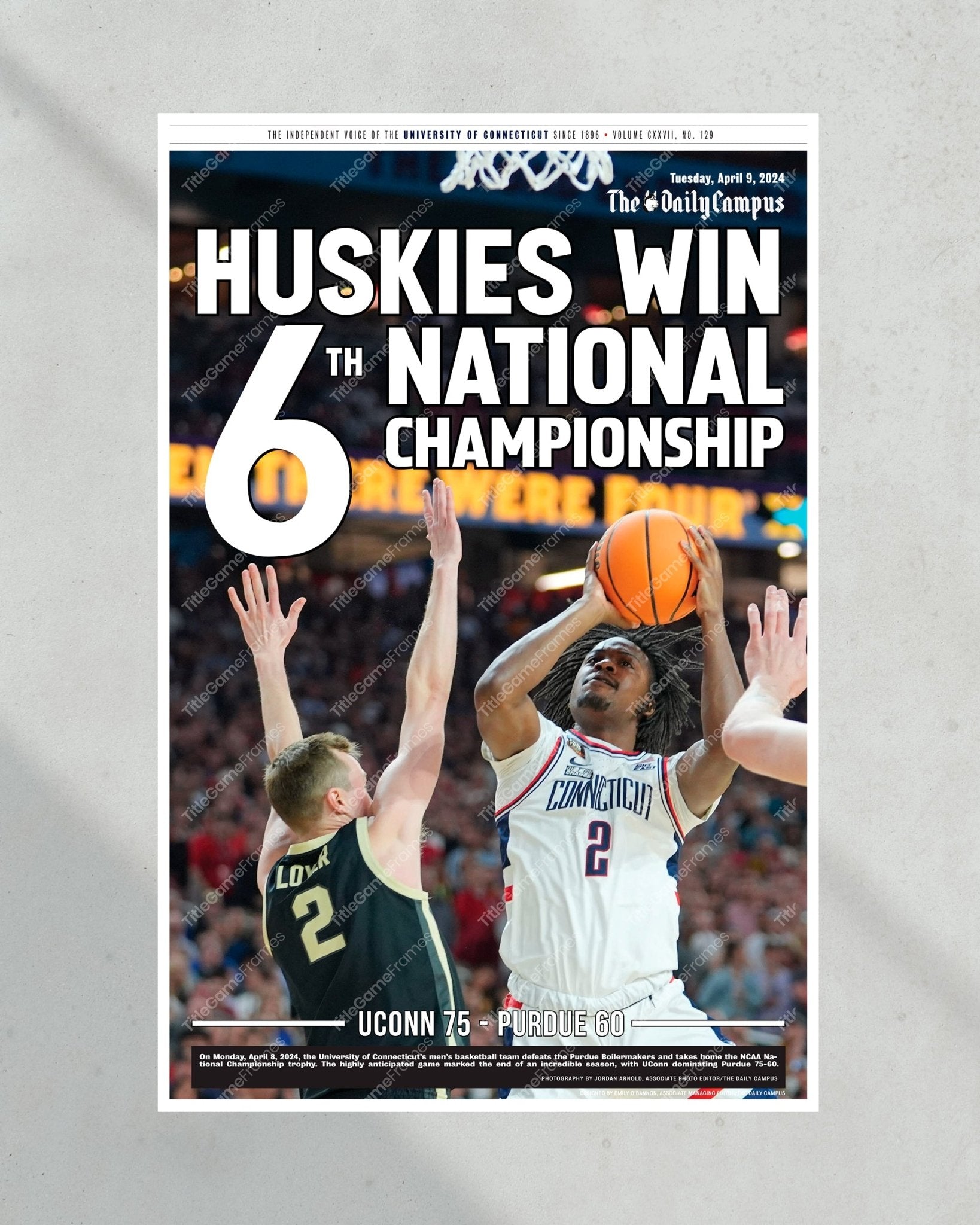 2024 Uconn Huskies ‘WIN 6TH' NCAA Champions Framed Newspaper - Title Game Frames
