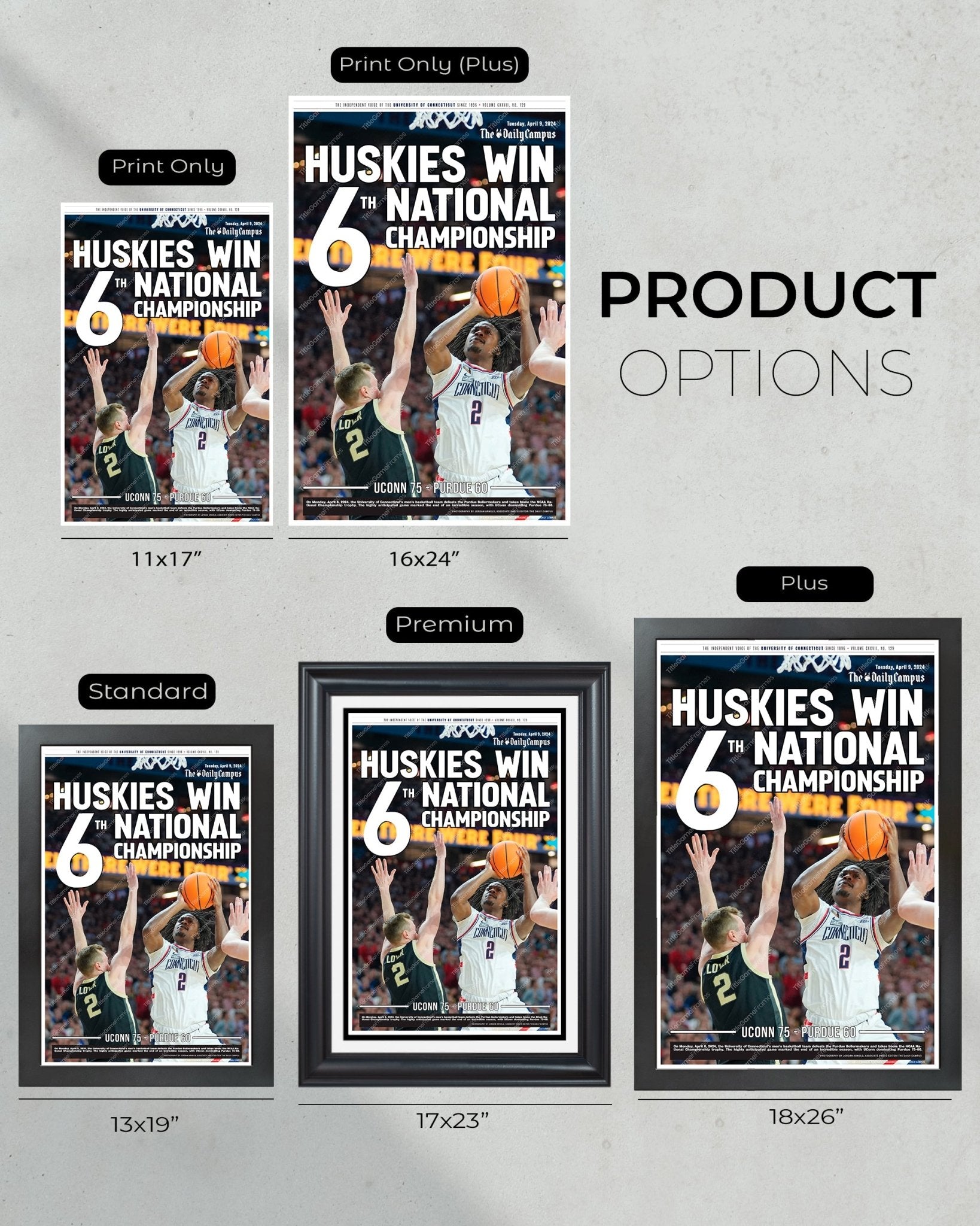 2024 Uconn Huskies ‘WIN 6TH' NCAA Champions Framed Newspaper - Title Game Frames