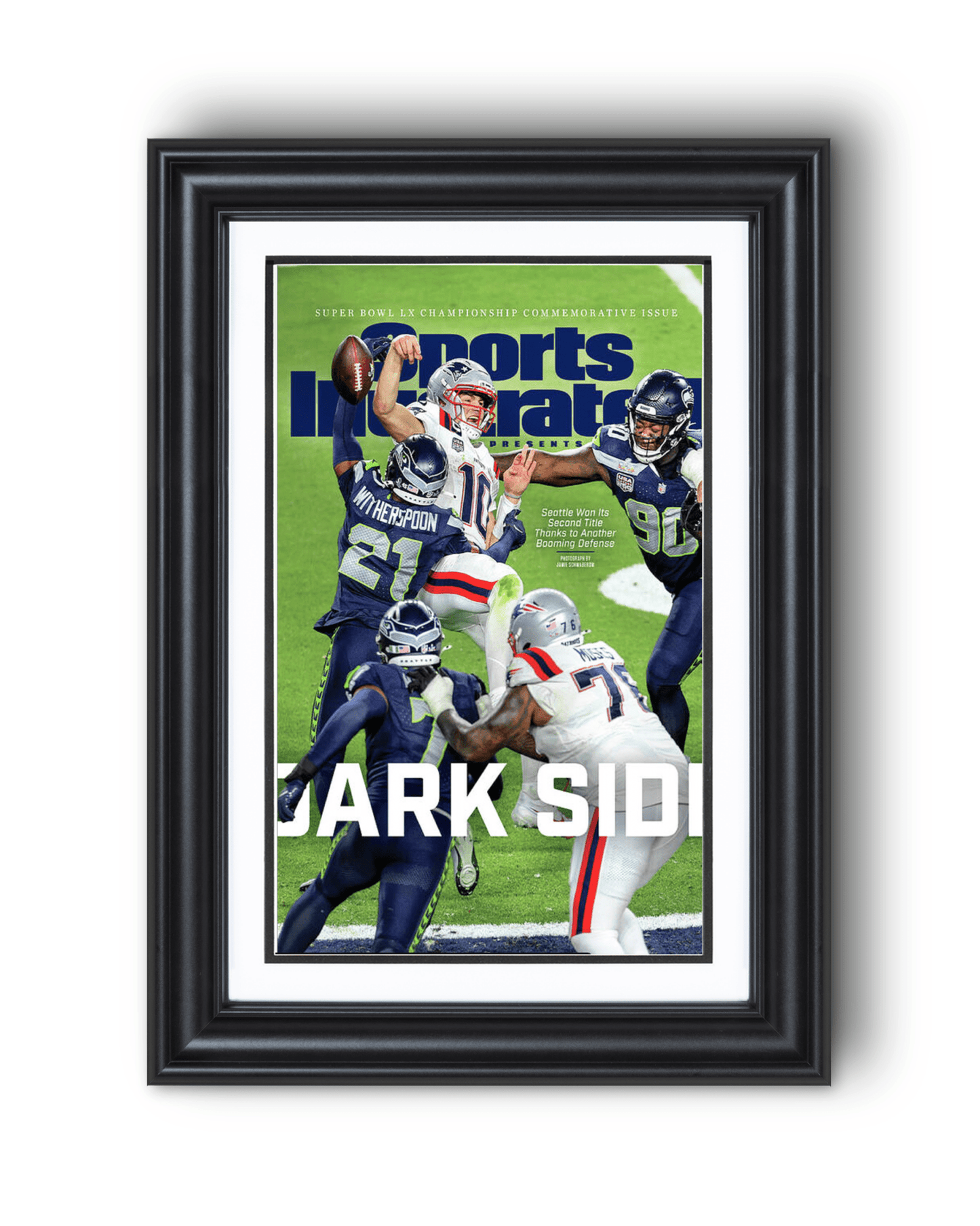 2025 - 26 Seattle Seahawks “Dark Side” The Defensive Choke 29–13 Super Bowl LX Champions Vs Patriots Framed Newspaper - TitleGameFrames.com
