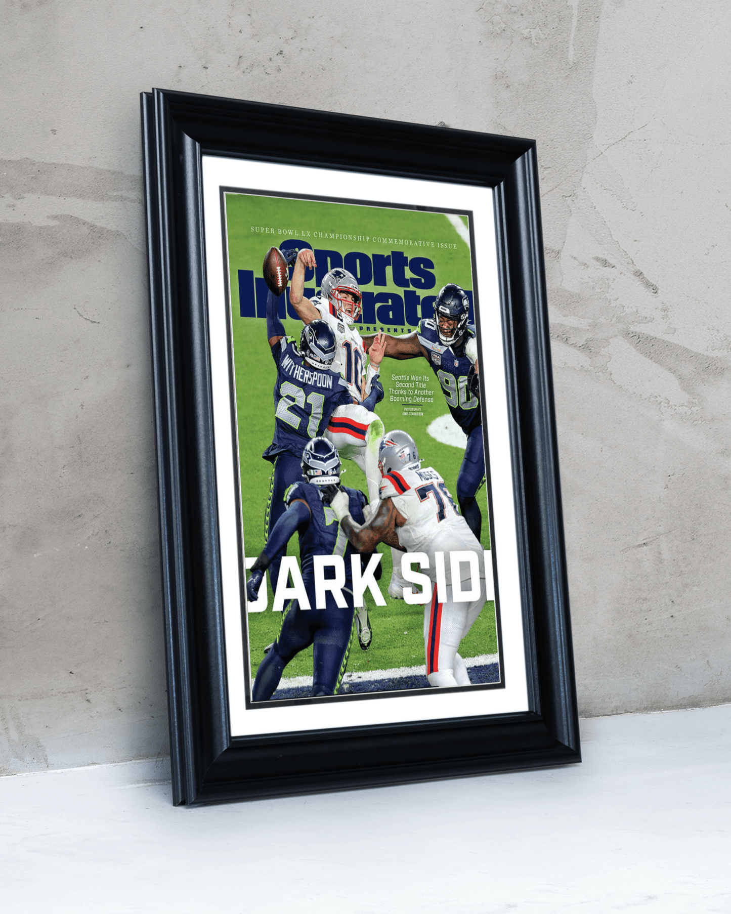 2025 - 26 Seattle Seahawks “Dark Side” The Defensive Choke 29–13 Super Bowl LX Champions Vs Patriots Framed Newspaper - TitleGameFrames.com