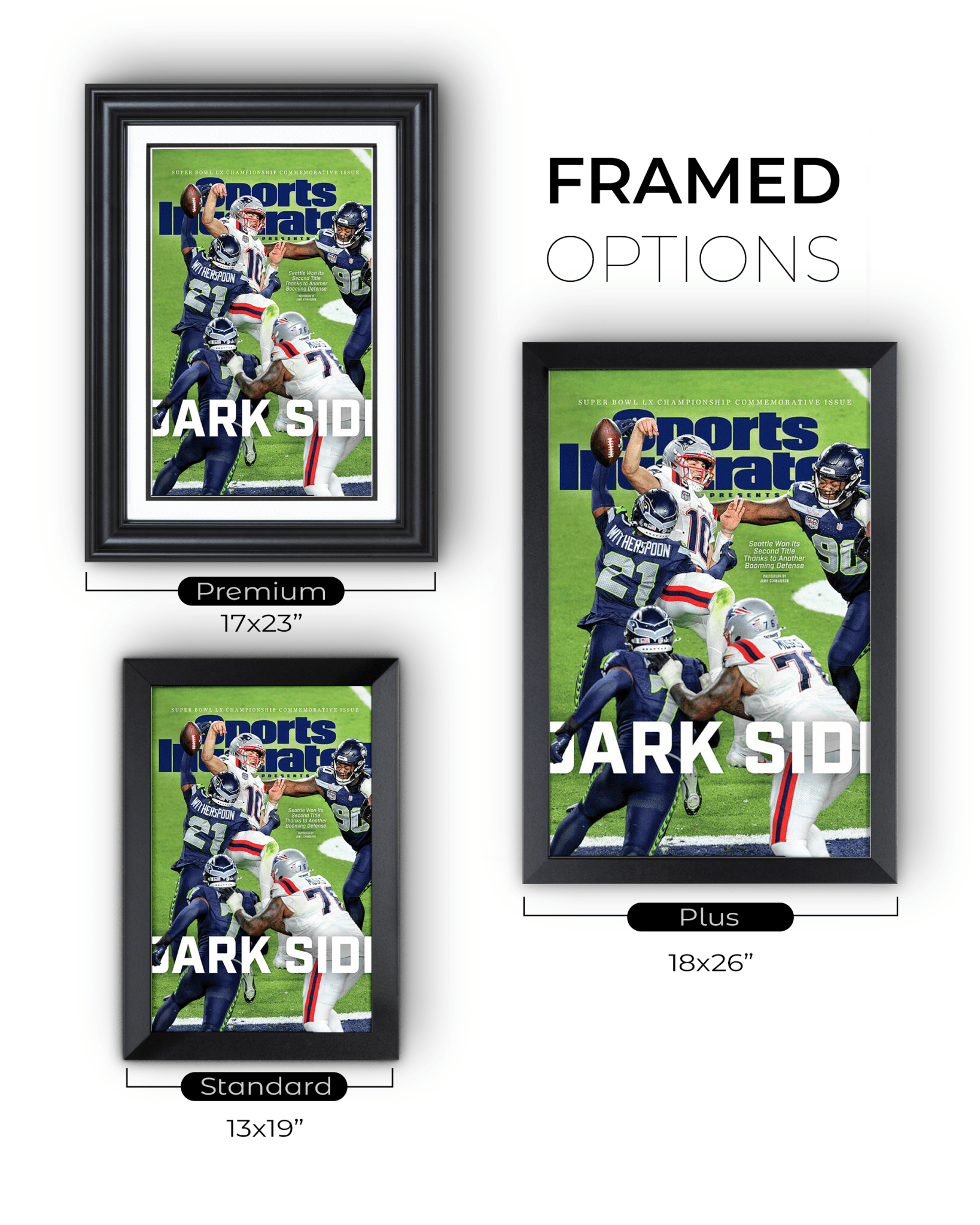 2025 - 26 Seattle Seahawks “Dark Side” The Defensive Choke 29–13 Super Bowl LX Champions Vs Patriots Framed Newspaper - TitleGameFrames.com