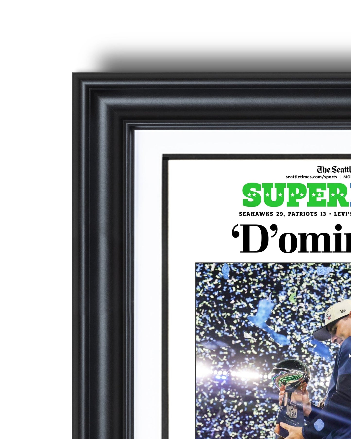 2025 - 26 Seattle Seahawks Super Bowl LX “D’omination!” Championship Victory Over Patriots Framed Newspaper - TitleGameFrames.com