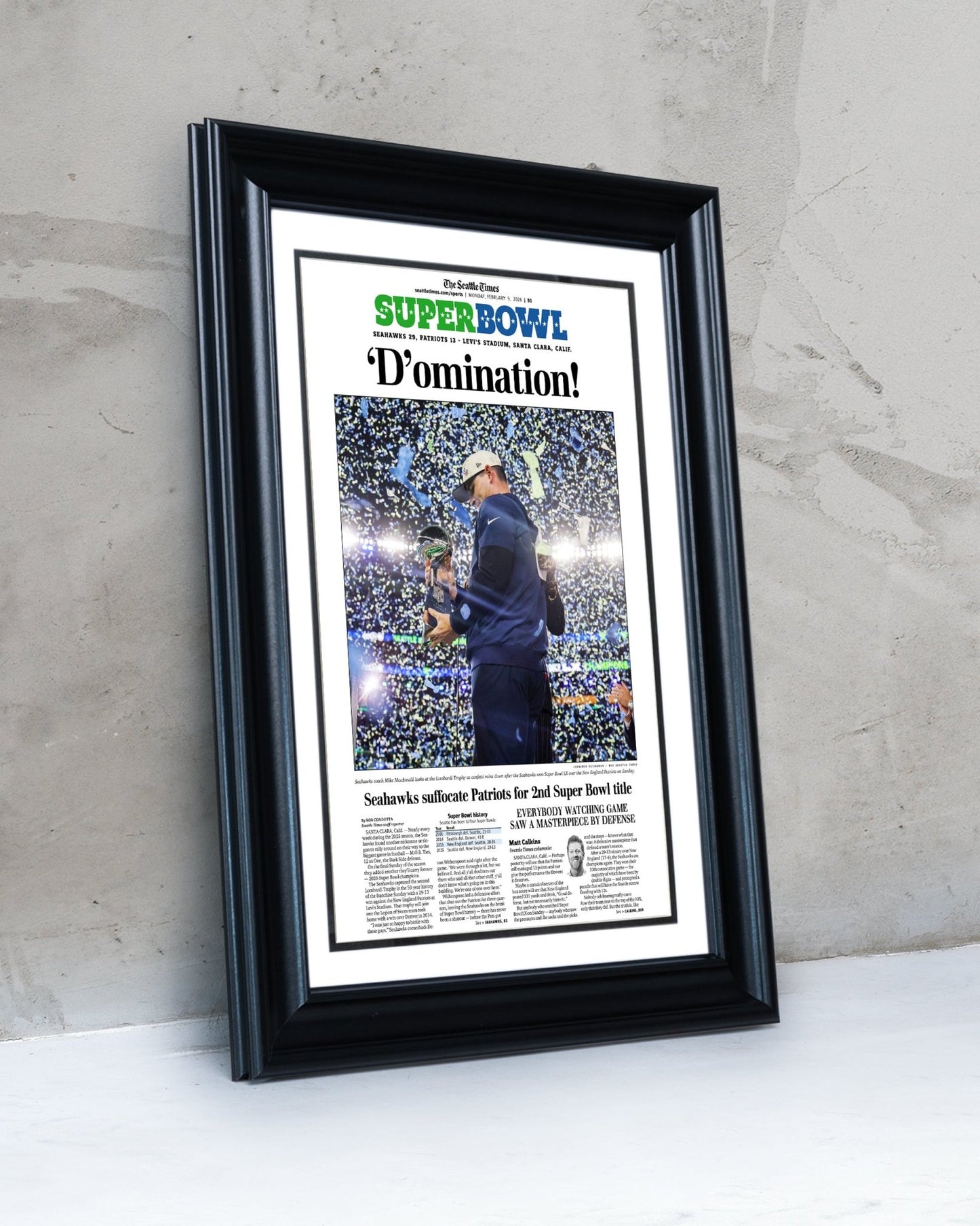 2025 - 26 Seattle Seahawks Super Bowl LX “D’omination!” Championship Victory Over Patriots Framed Newspaper - TitleGameFrames.com