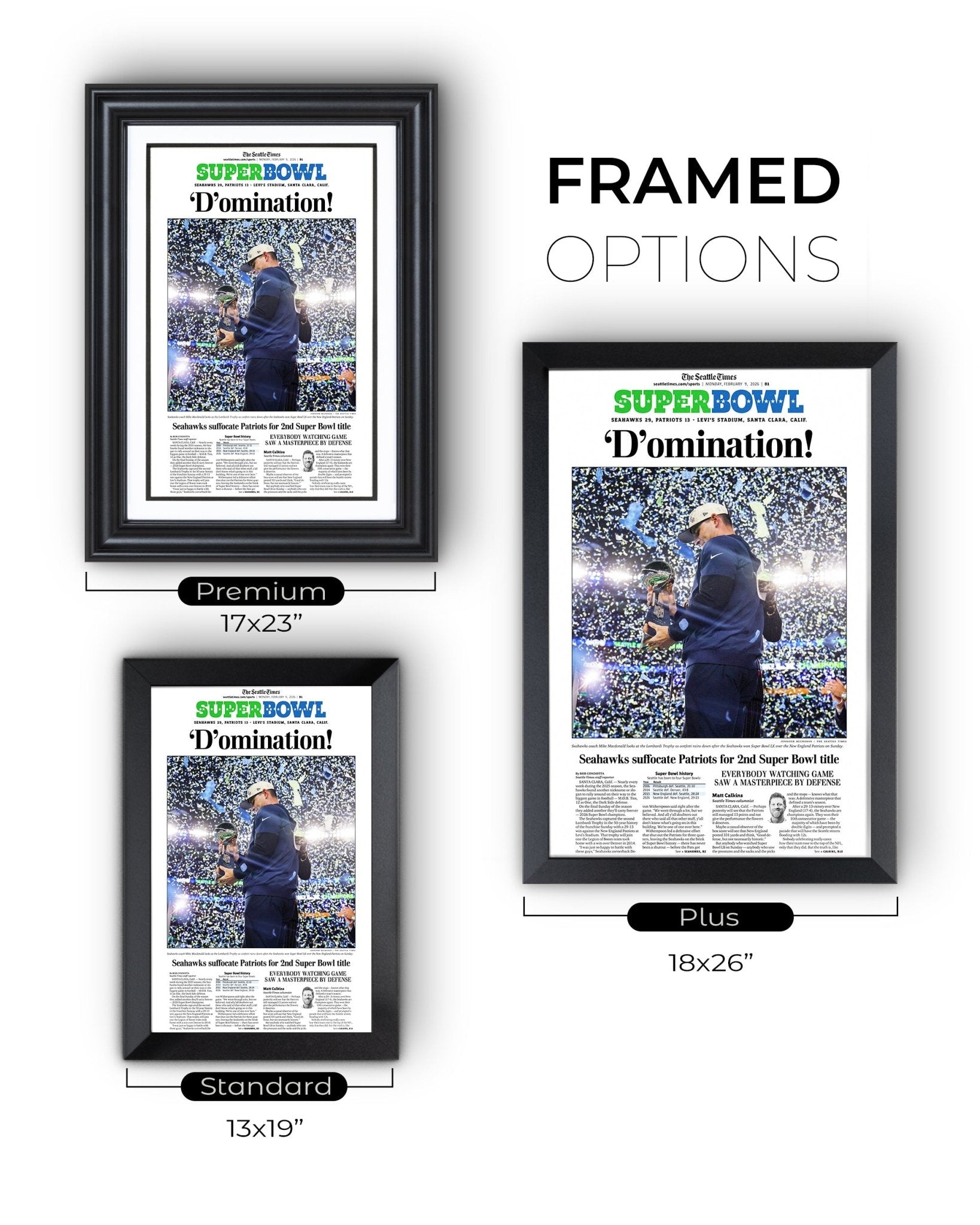 2025 - 26 Seattle Seahawks Super Bowl LX “D’omination!” Championship Victory Over Patriots Framed Newspaper - TitleGameFrames.com