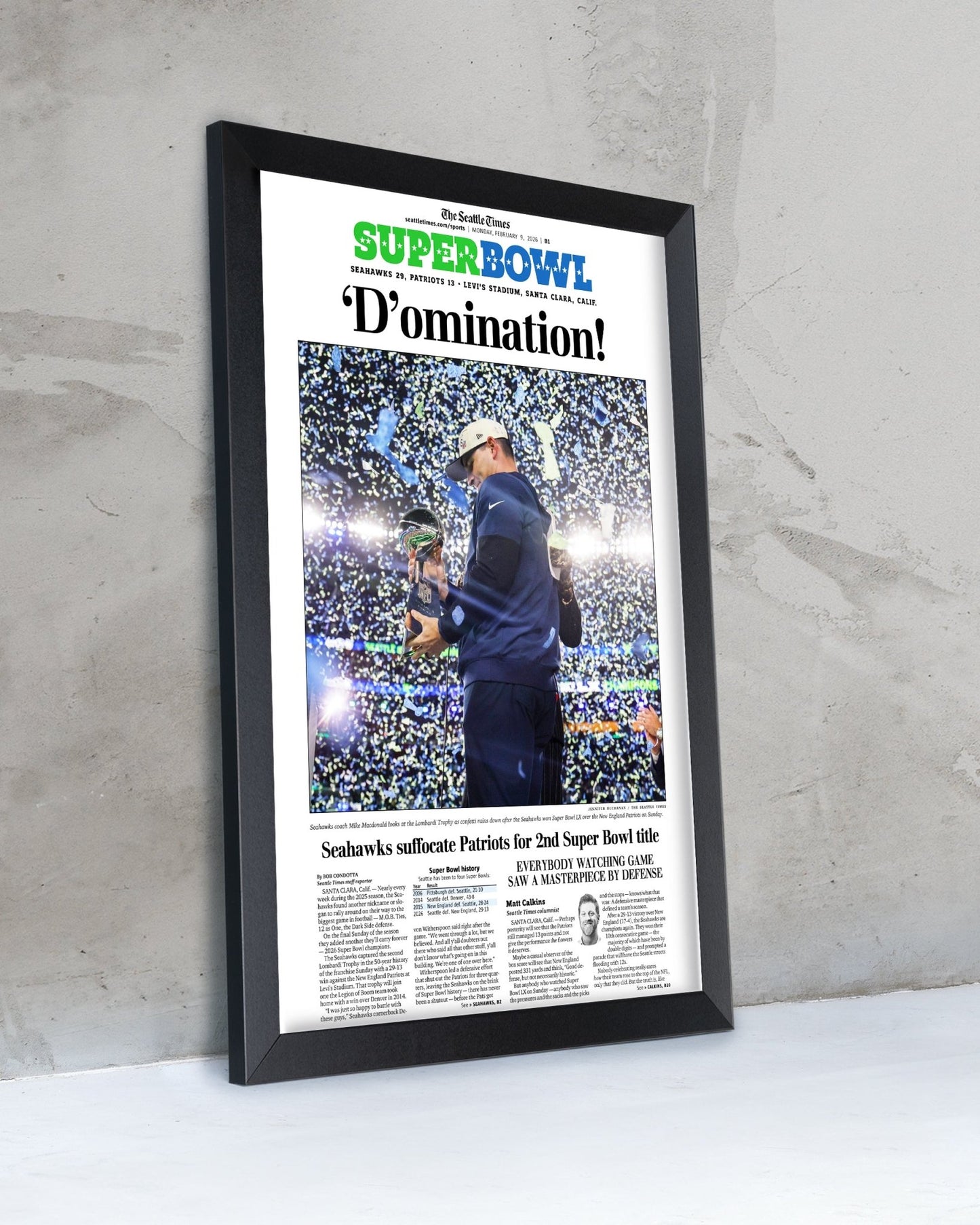 2025 - 26 Seattle Seahawks Super Bowl LX “D’omination!” Championship Victory Over Patriots Framed Newspaper - TitleGameFrames.com