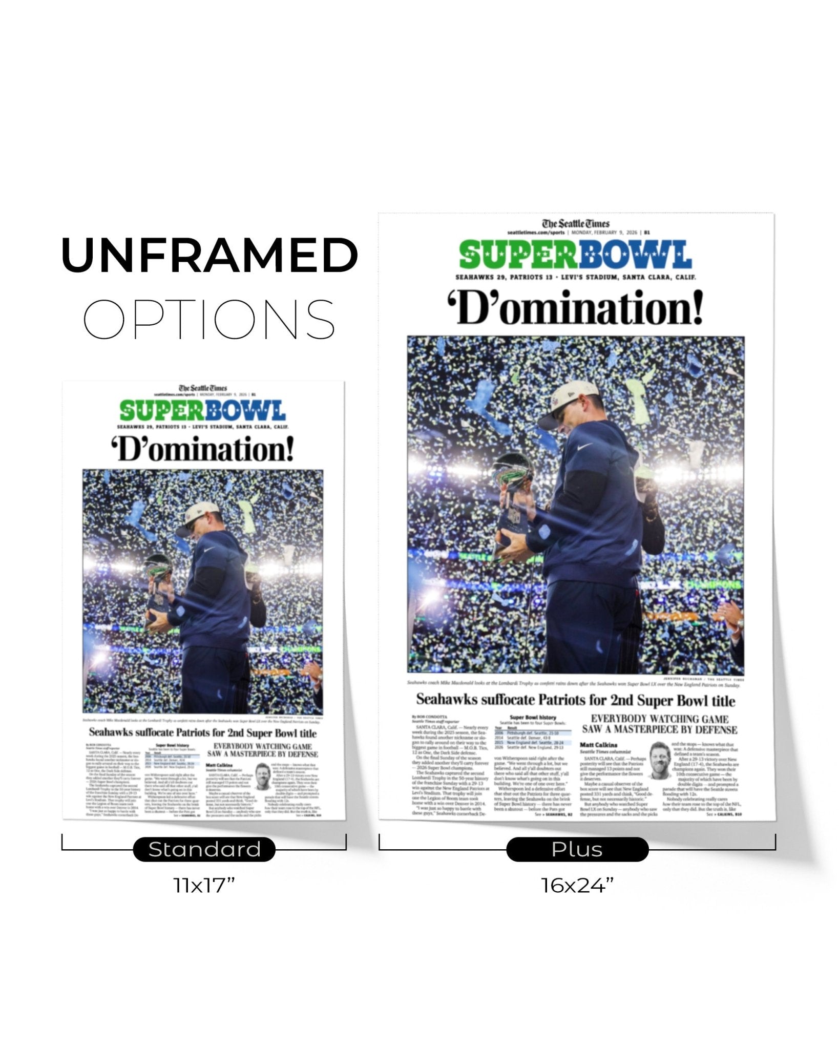 2025 - 26 Seattle Seahawks Super Bowl LX “D’omination!” Championship Victory Over Patriots Framed Newspaper - TitleGameFrames.com
