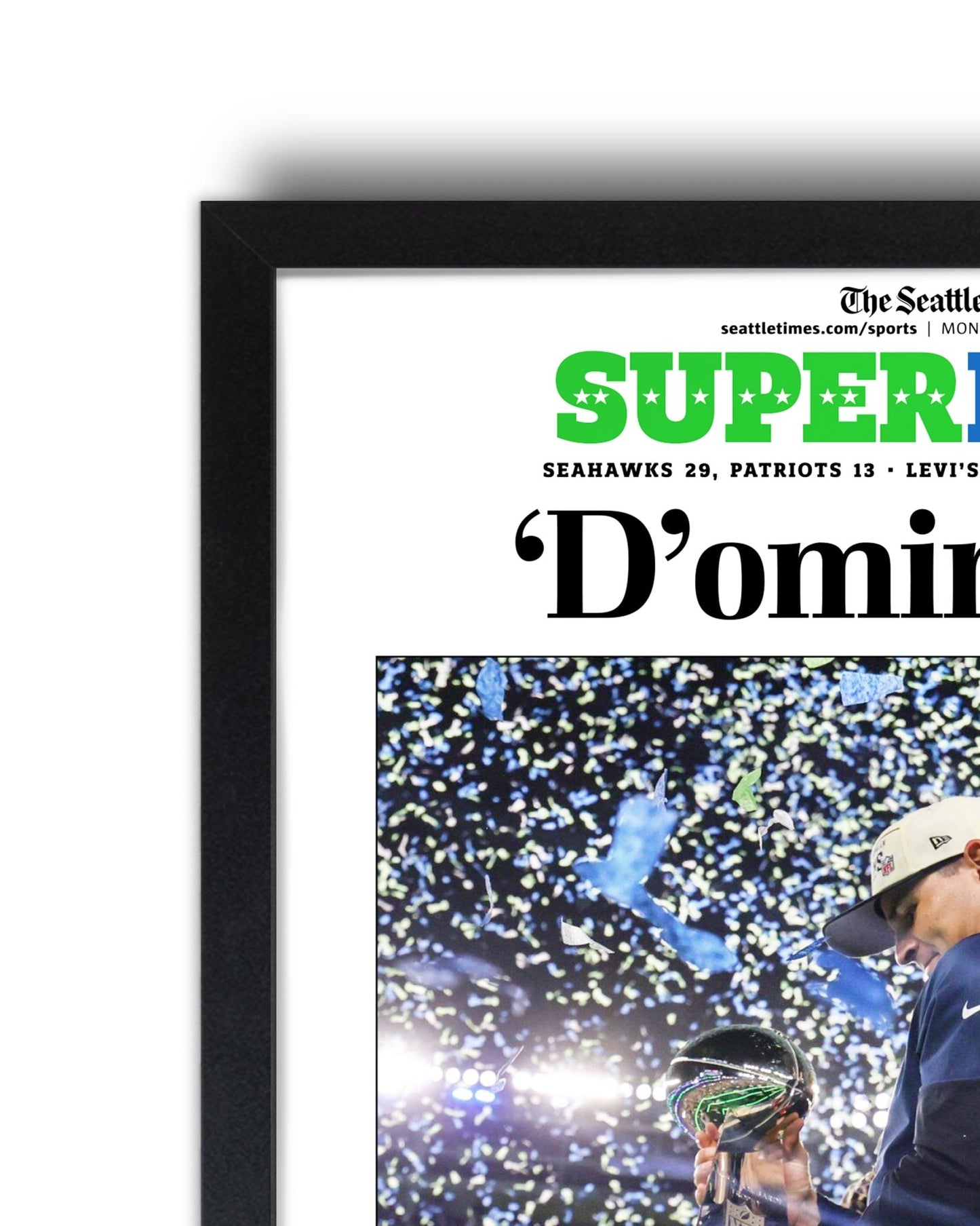 2025 - 26 Seattle Seahawks Super Bowl LX “D’omination!” Championship Victory Over Patriots Framed Newspaper - TitleGameFrames.com
