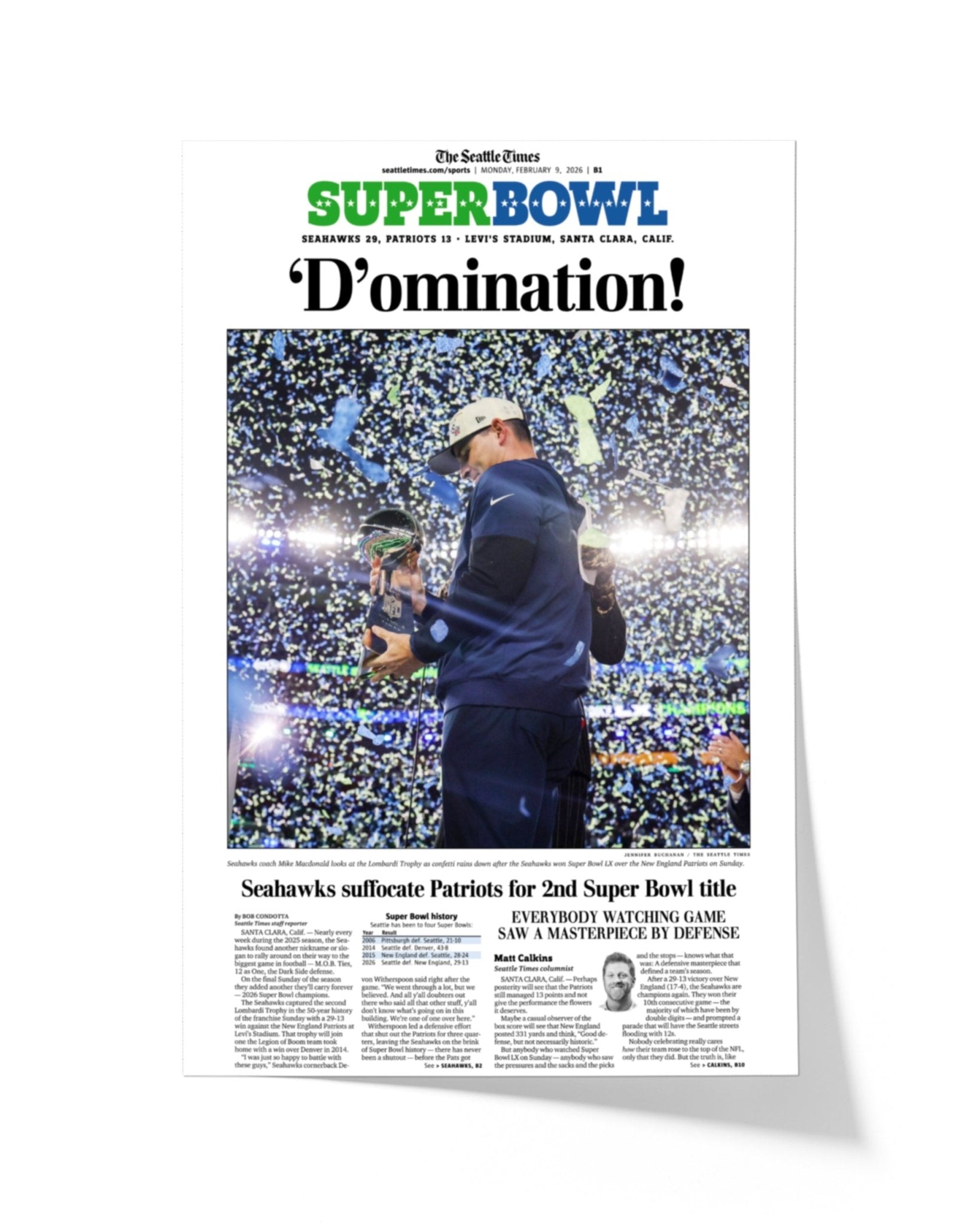 2025 - 26 Seattle Seahawks Super Bowl LX “D’omination!” Championship Victory Over Patriots Framed Newspaper - TitleGameFrames.com