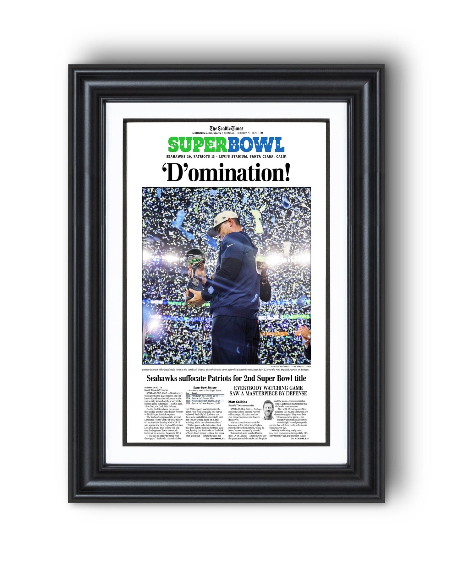 2025 - 26 Seattle Seahawks Super Bowl LX “D’omination!” Championship Victory Over Patriots Framed Newspaper - TitleGameFrames.com