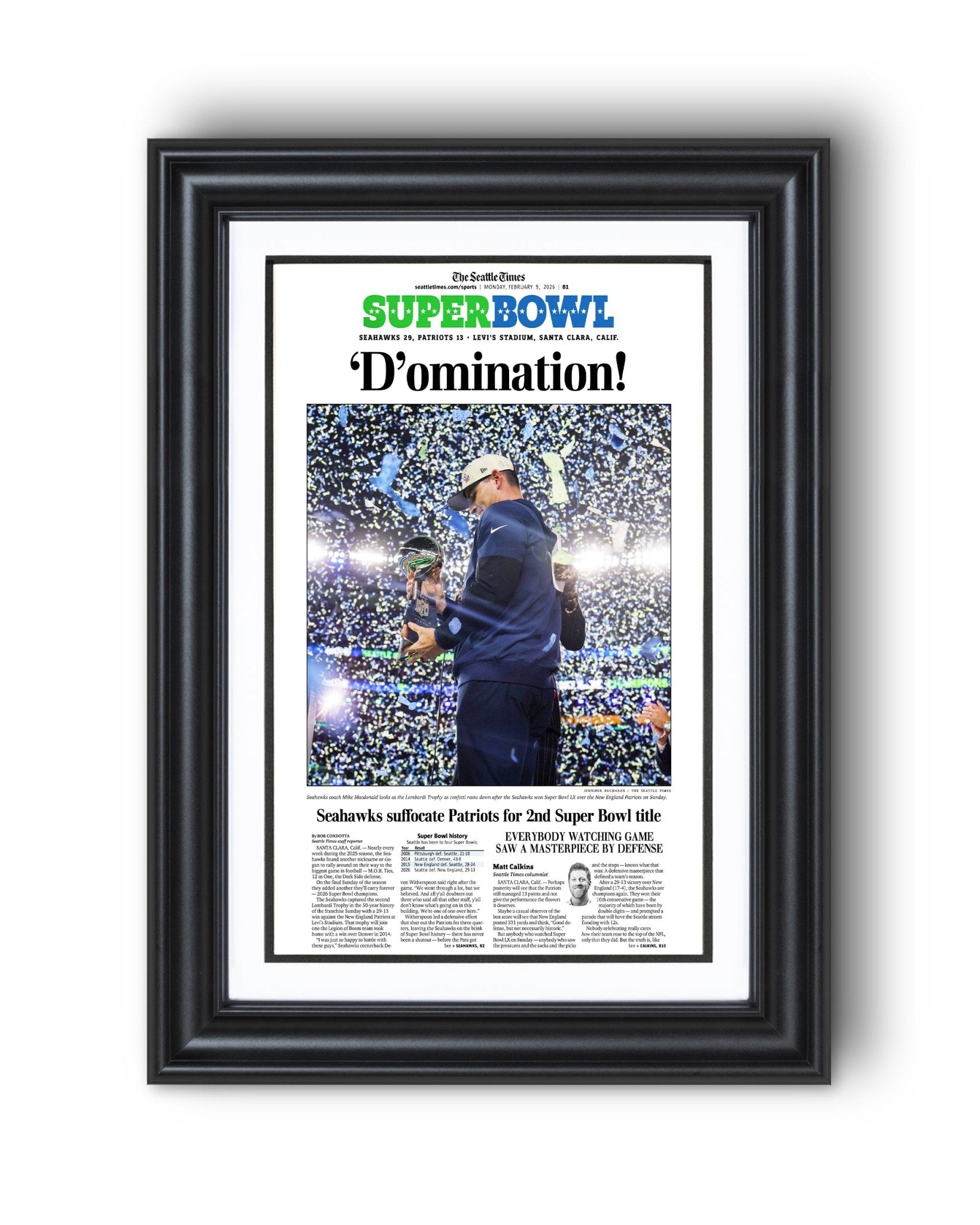 2025 - 26 Seattle Seahawks Super Bowl LX “D’omination!” Championship Victory Over Patriots Framed Newspaper - TitleGameFrames.com