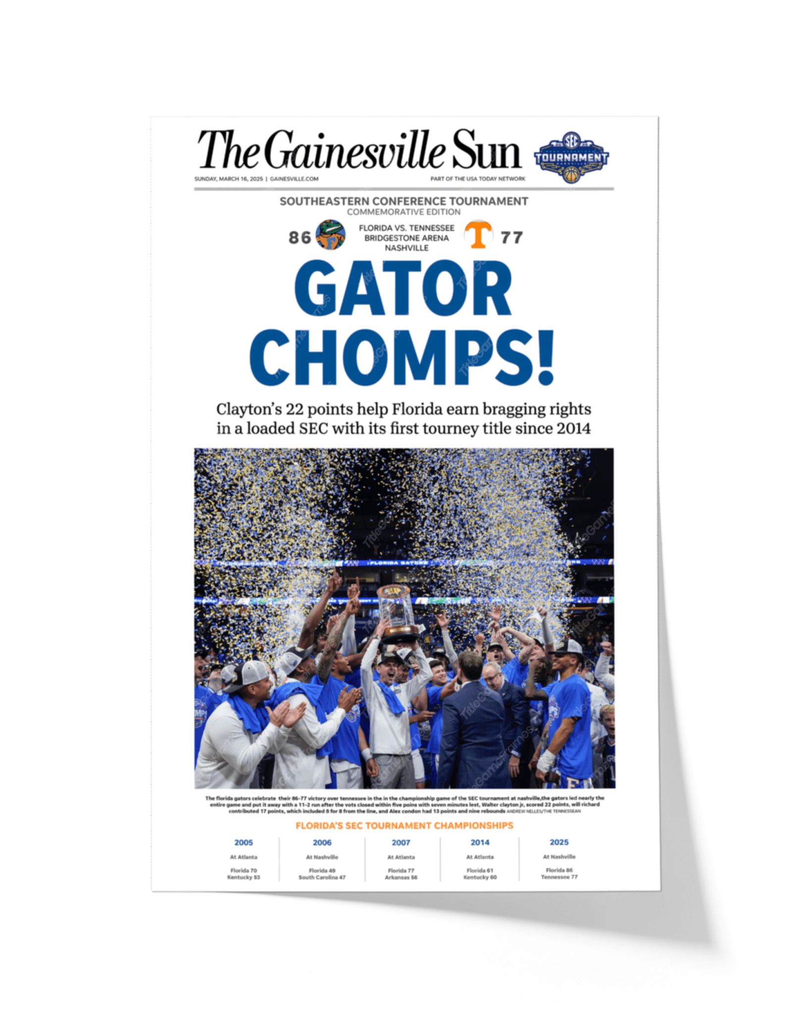 2025 Florida Gators Basketball SEC Champions "Gator Chomps" Framed Newspaper - TitleGameFrames.com